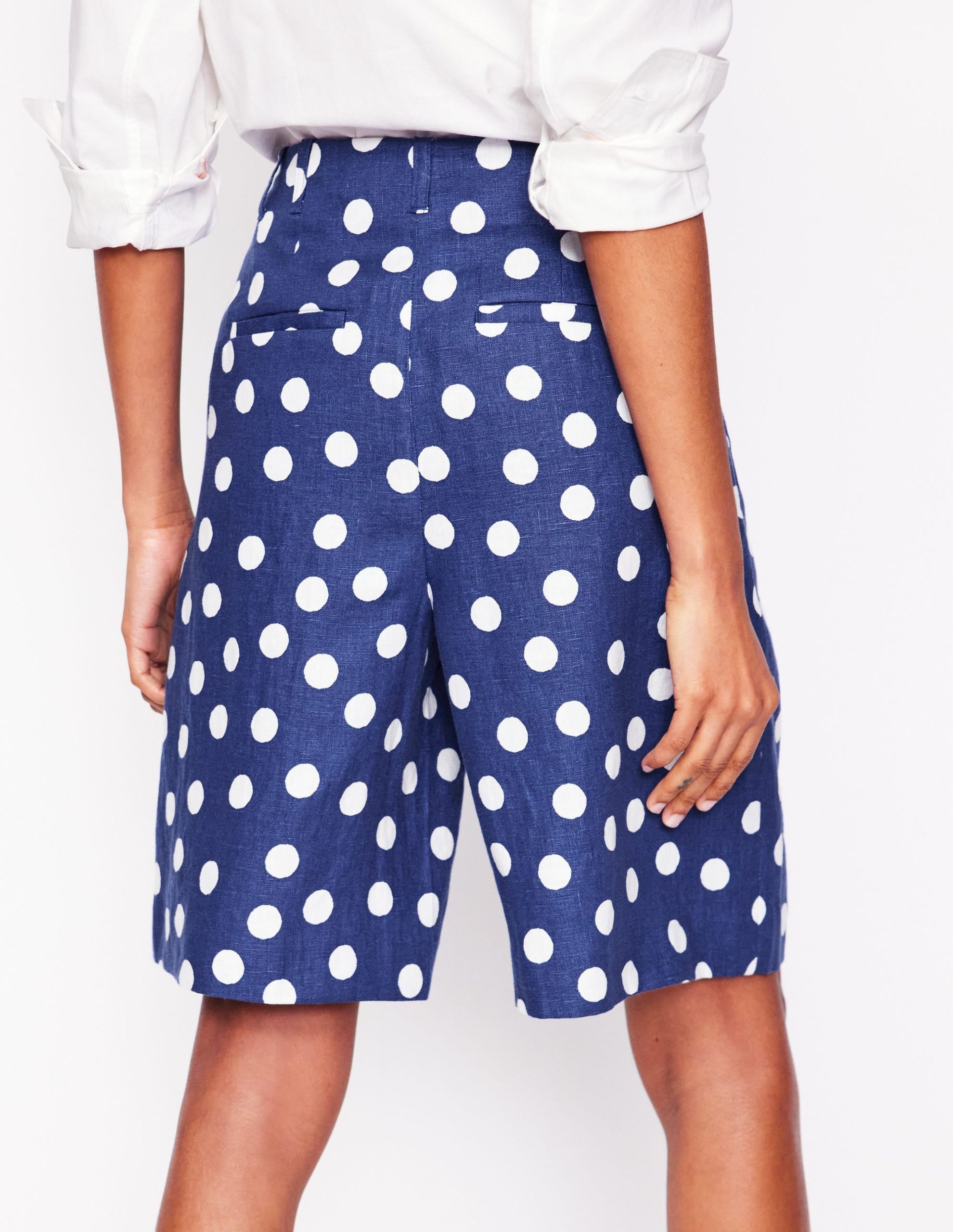 Pleat Linen Wide Leg Shorts-Navy Painted Dot - Image 5