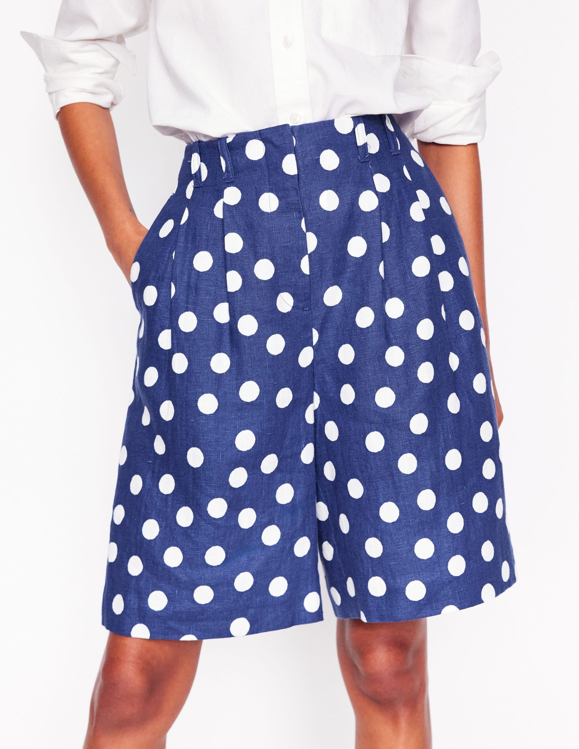 Pleat Linen Wide Leg Shorts-Navy Painted Dot - Image 6