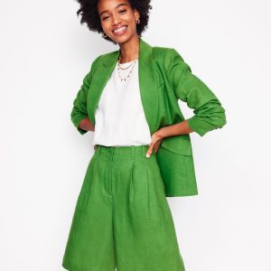 Pleat Linen Wide Leg Shorts-Green