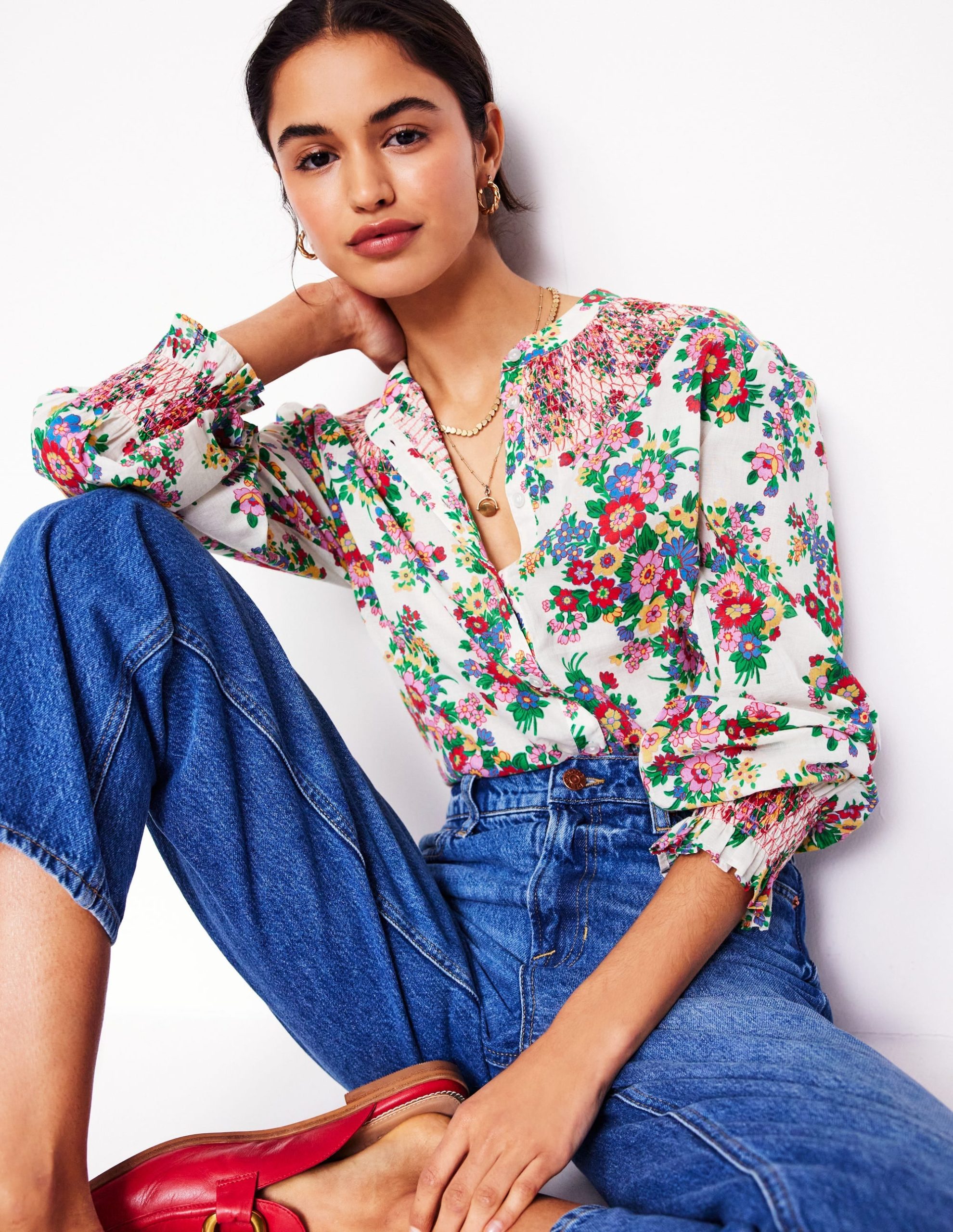 Effie Smocked Blouse-Multi. Bouquet Cluster