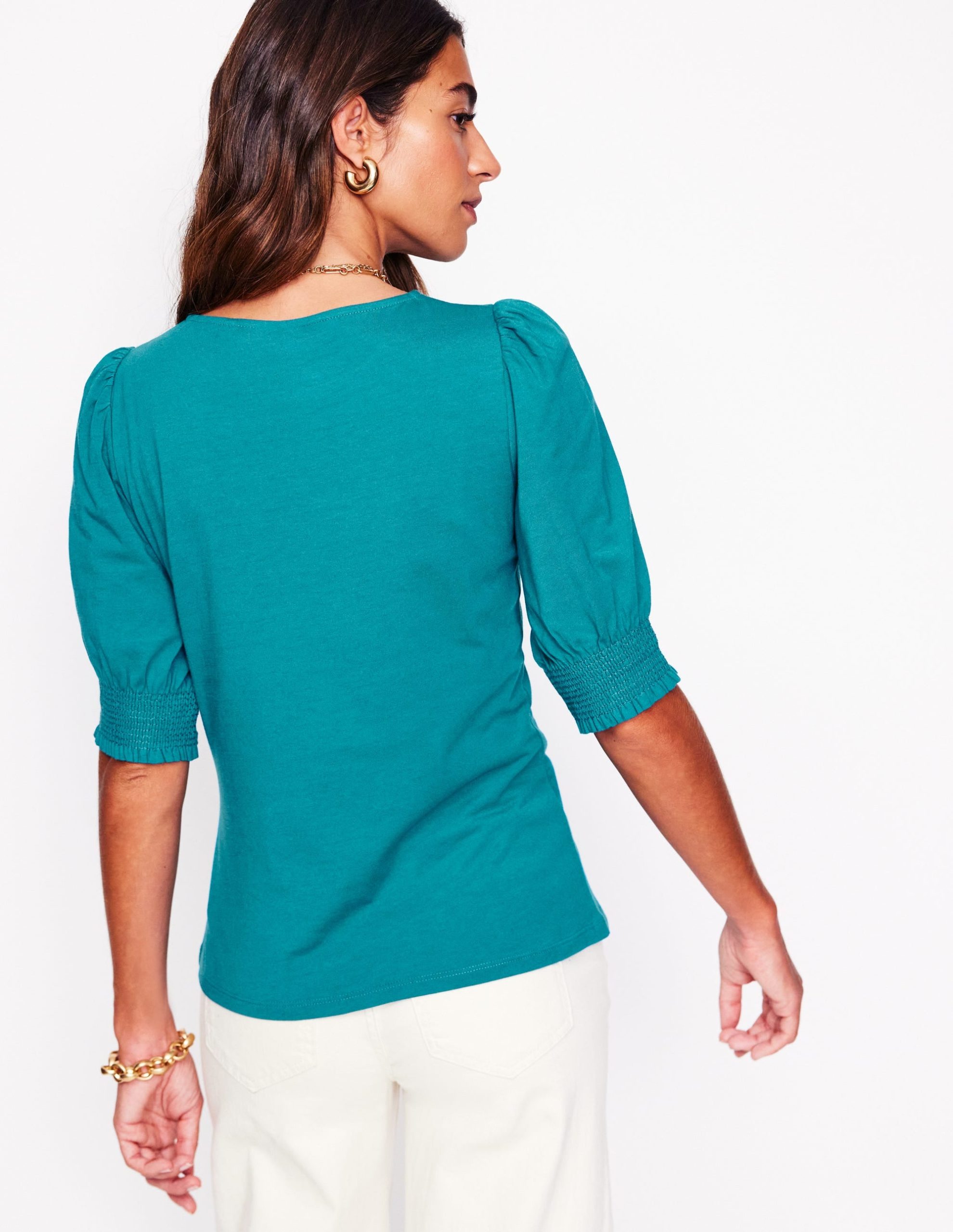 Short Sleeve Smocked Cuff Top-Deep Sea Green - Image 3