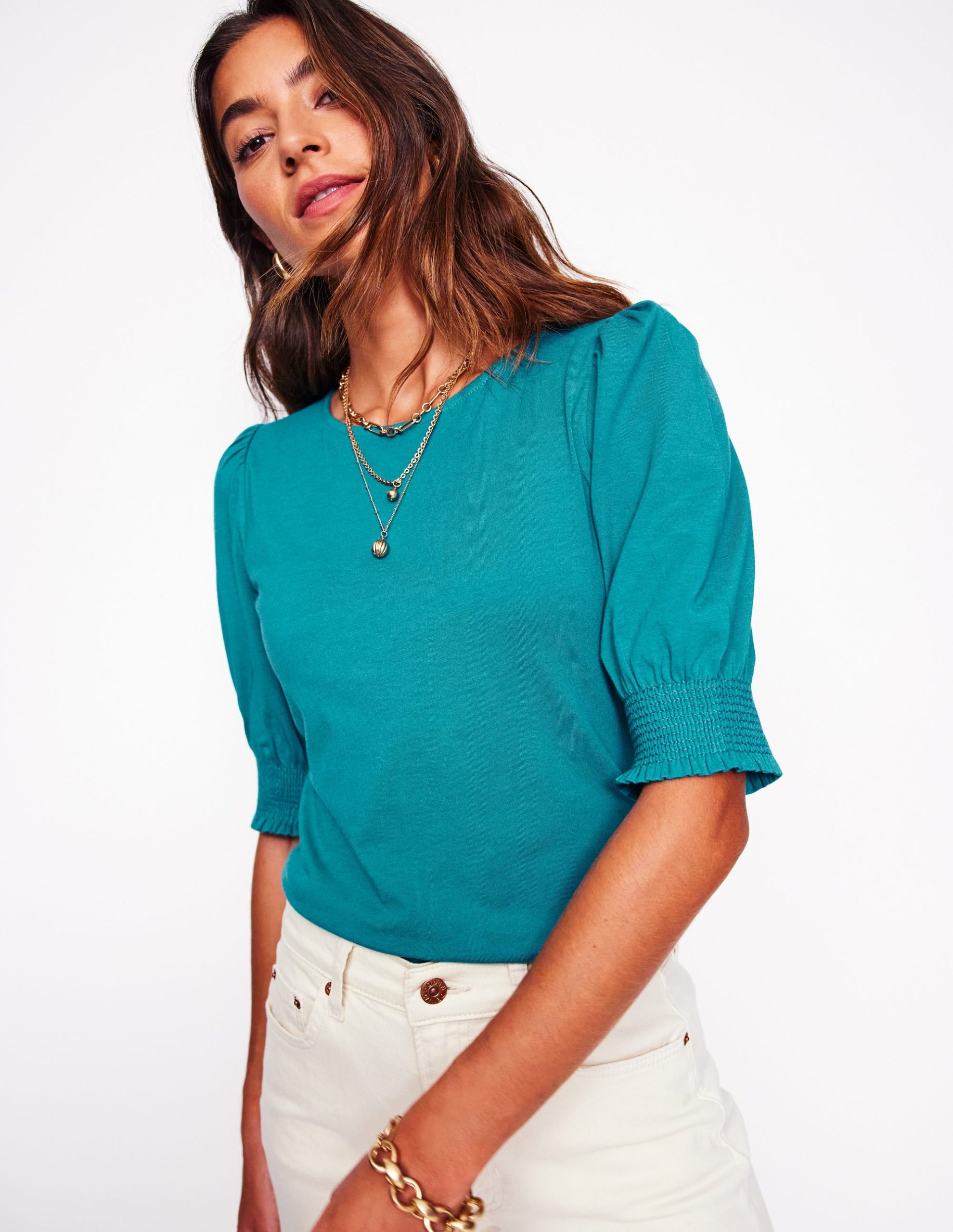 Short Sleeve Smocked Cuff Top-Deep Sea Green - Image 4