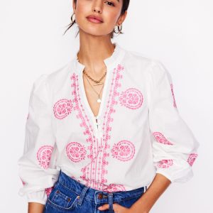 Embroidered Cotton Top-White. Pink Embroidery