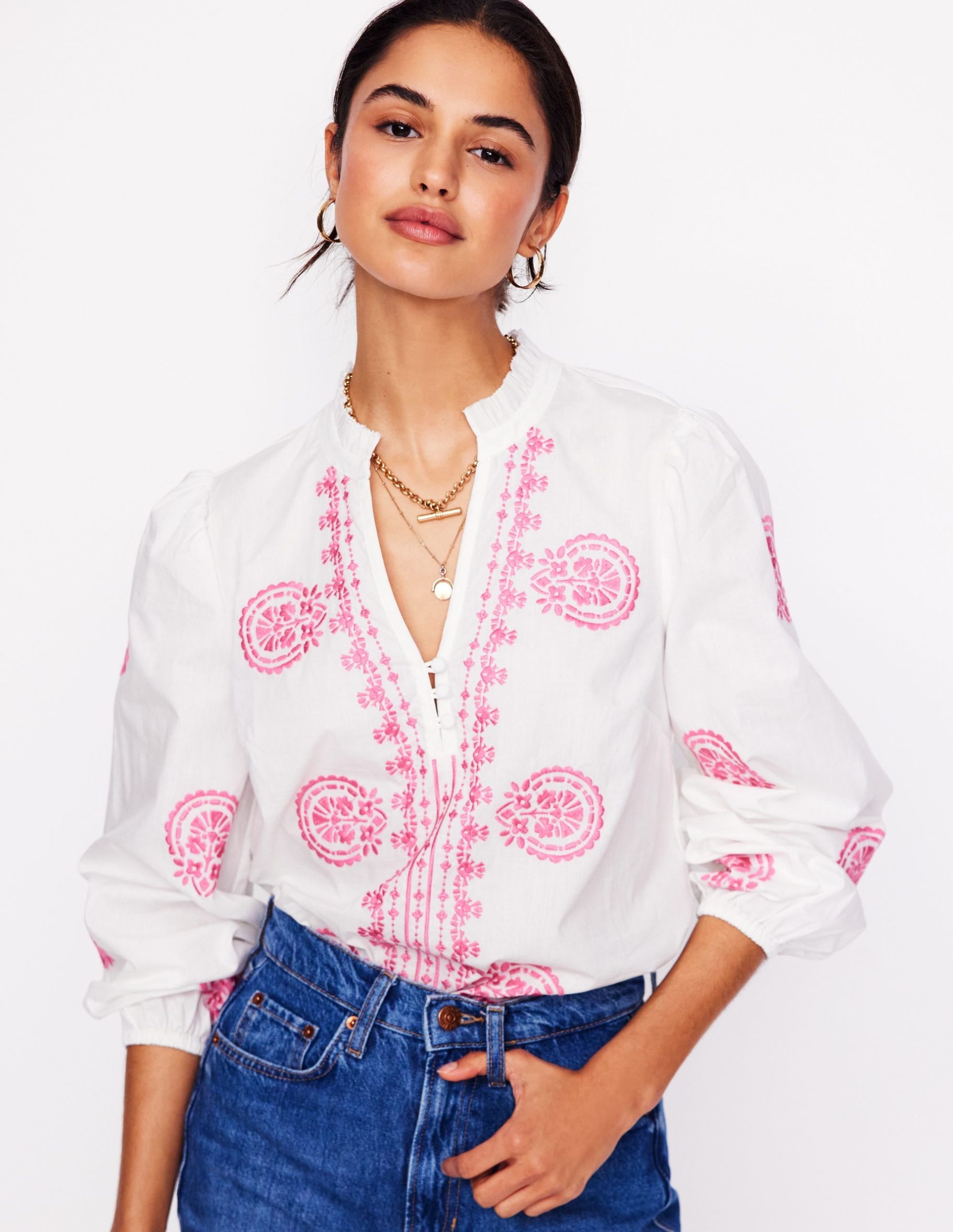Embroidered Cotton Top-White. Pink Embroidery