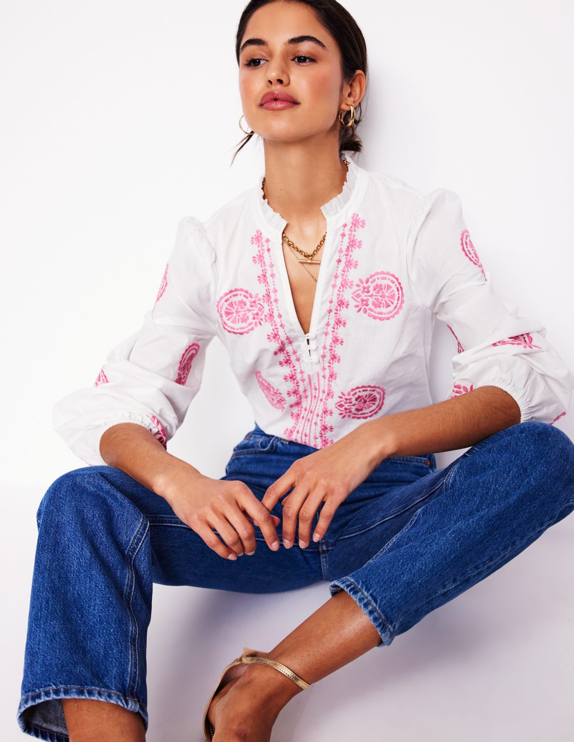 Embroidered Cotton Top-White. Pink Embroidery - Image 4