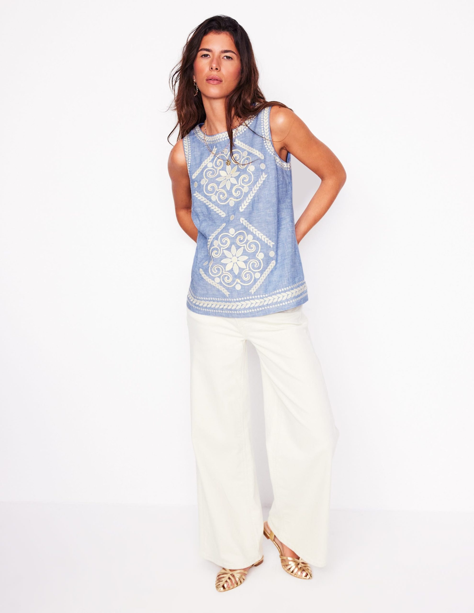 Embroidered Linen Blend Top-Chambray - Image 7