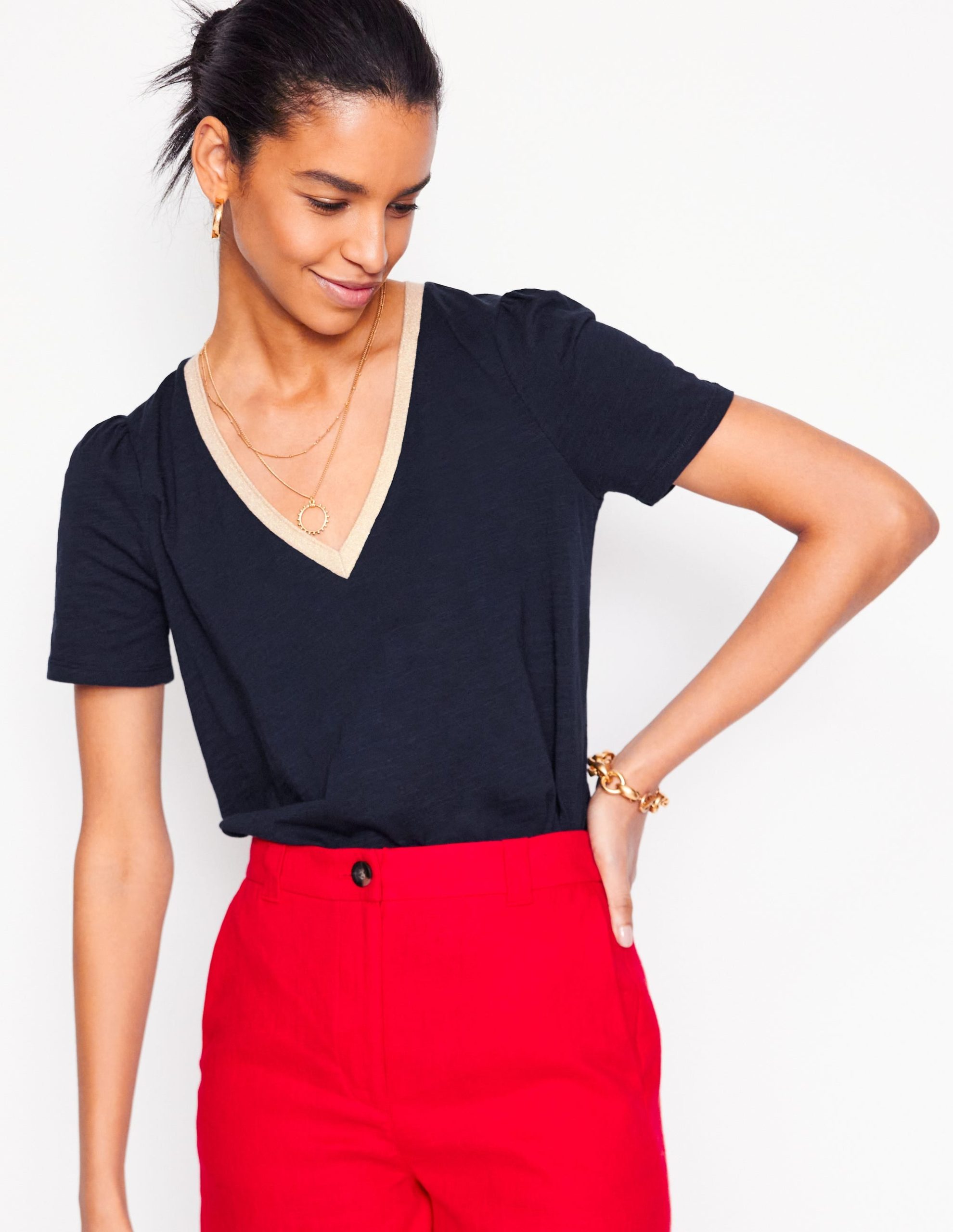 Metallic Trim V Neck T-shirt-Navy - Image 2