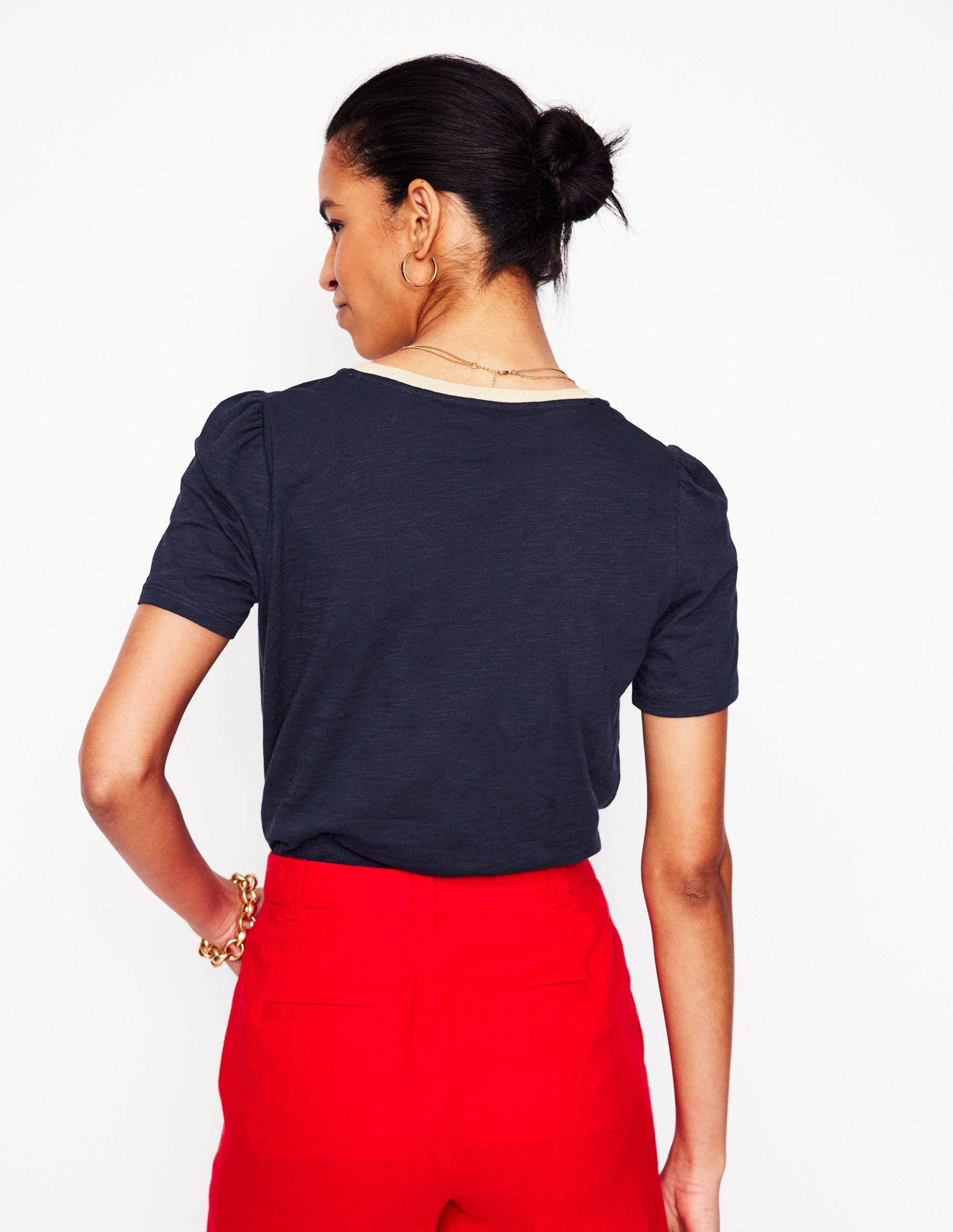 Metallic Trim V Neck T-shirt-Navy - Image 4