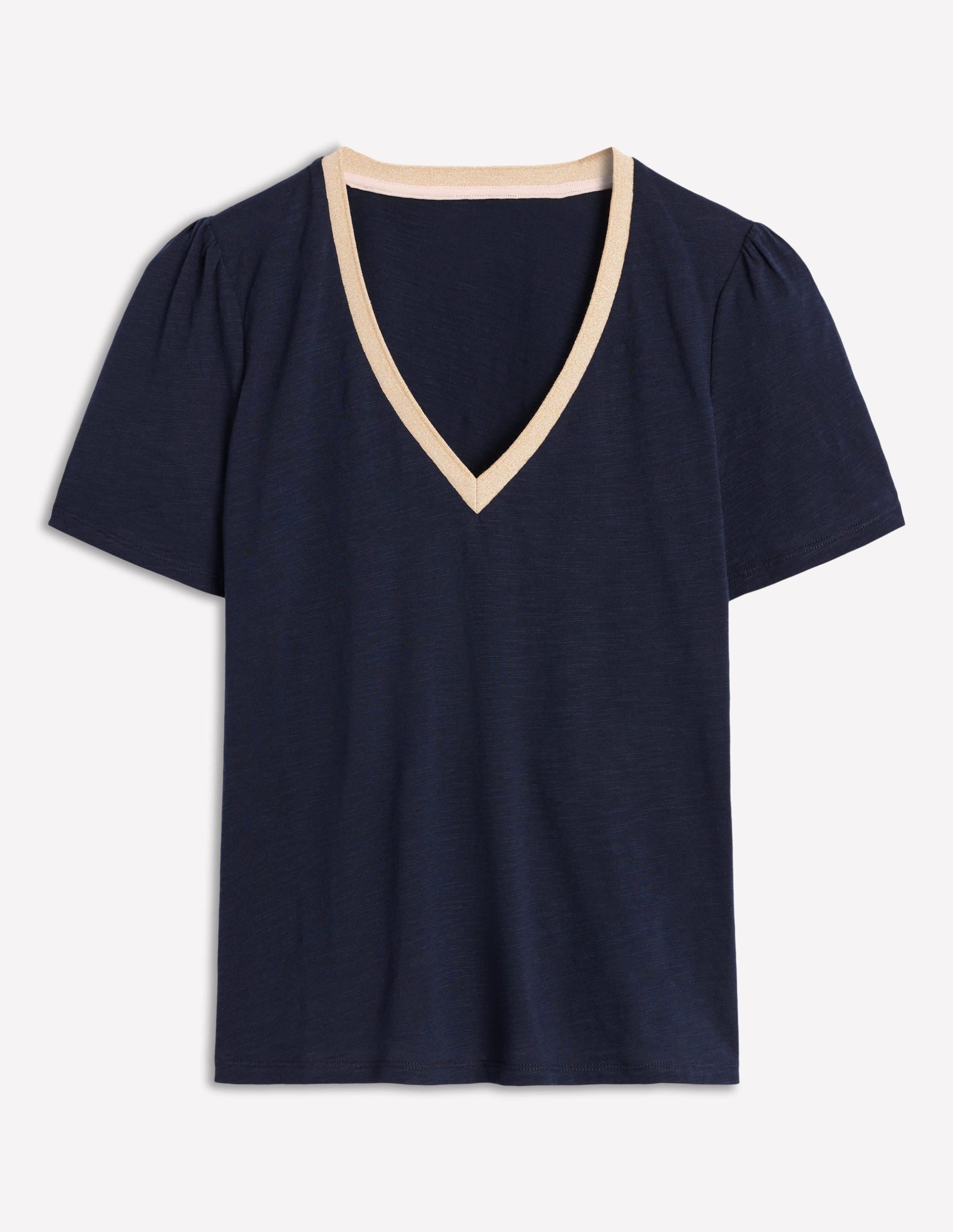 Metallic Trim V Neck T-shirt-Navy - Image 6