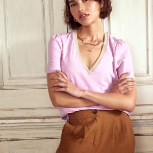 Metallic Trim V Neck T-shirt-Soft Lavender