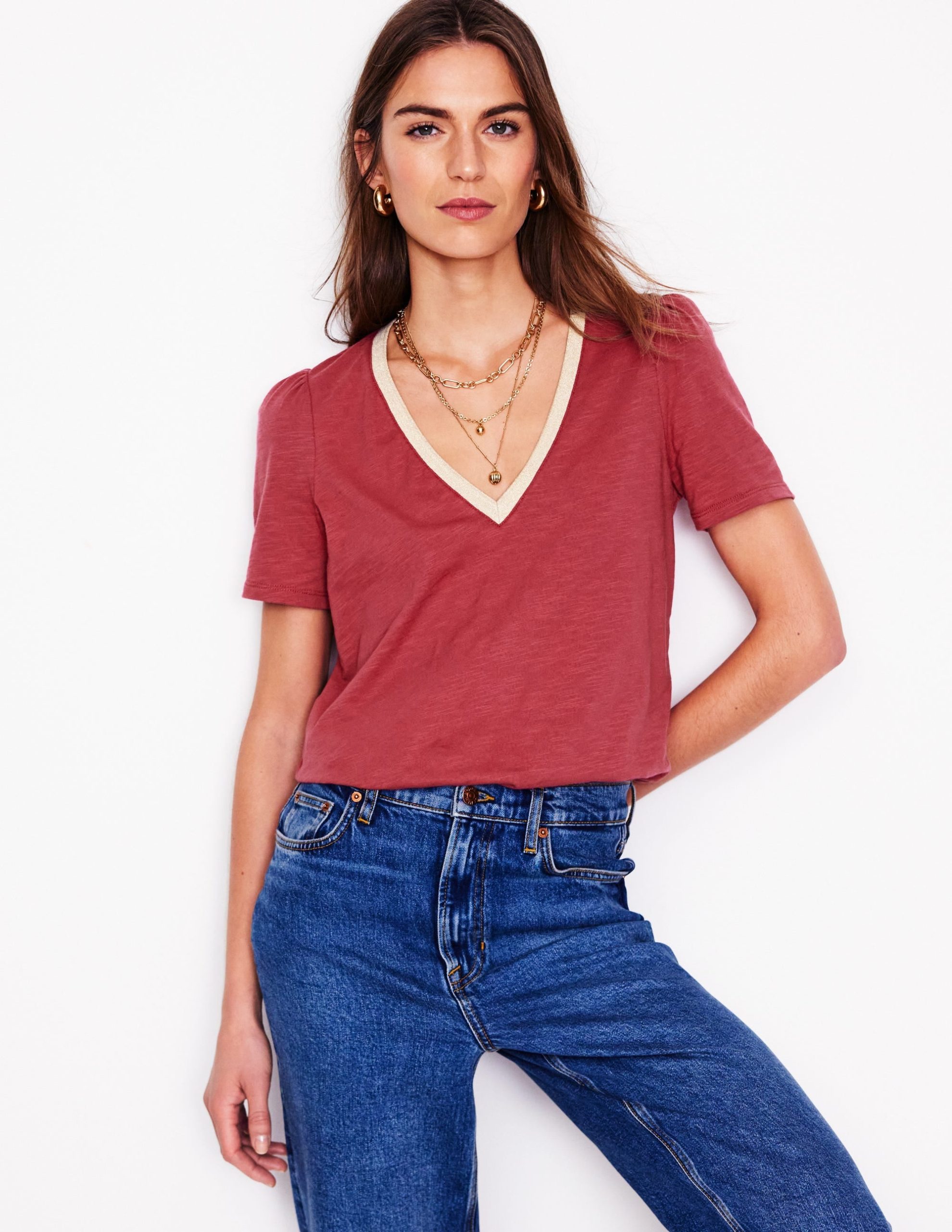 Metallic Trim V Neck T-shirt-Terracotta Red - Image 2