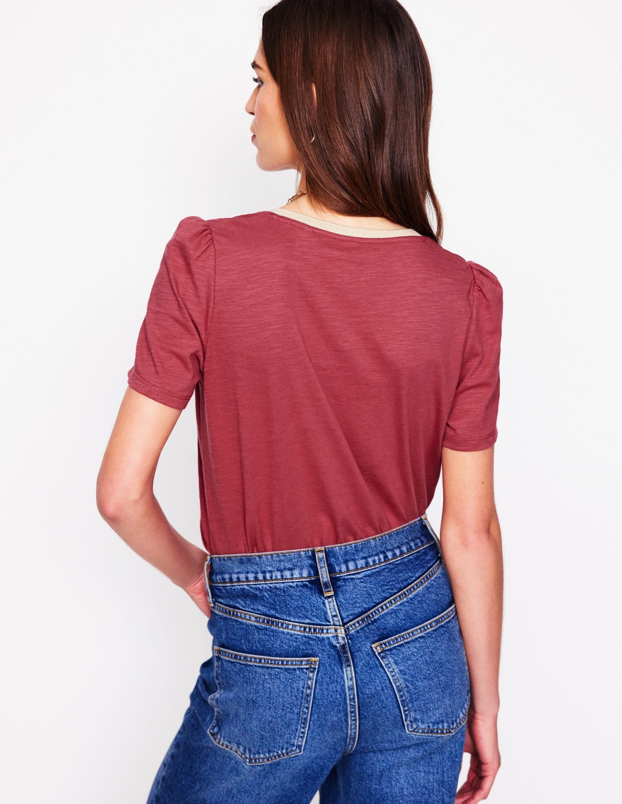 Metallic Trim V Neck T-shirt-Terracotta Red - Image 4