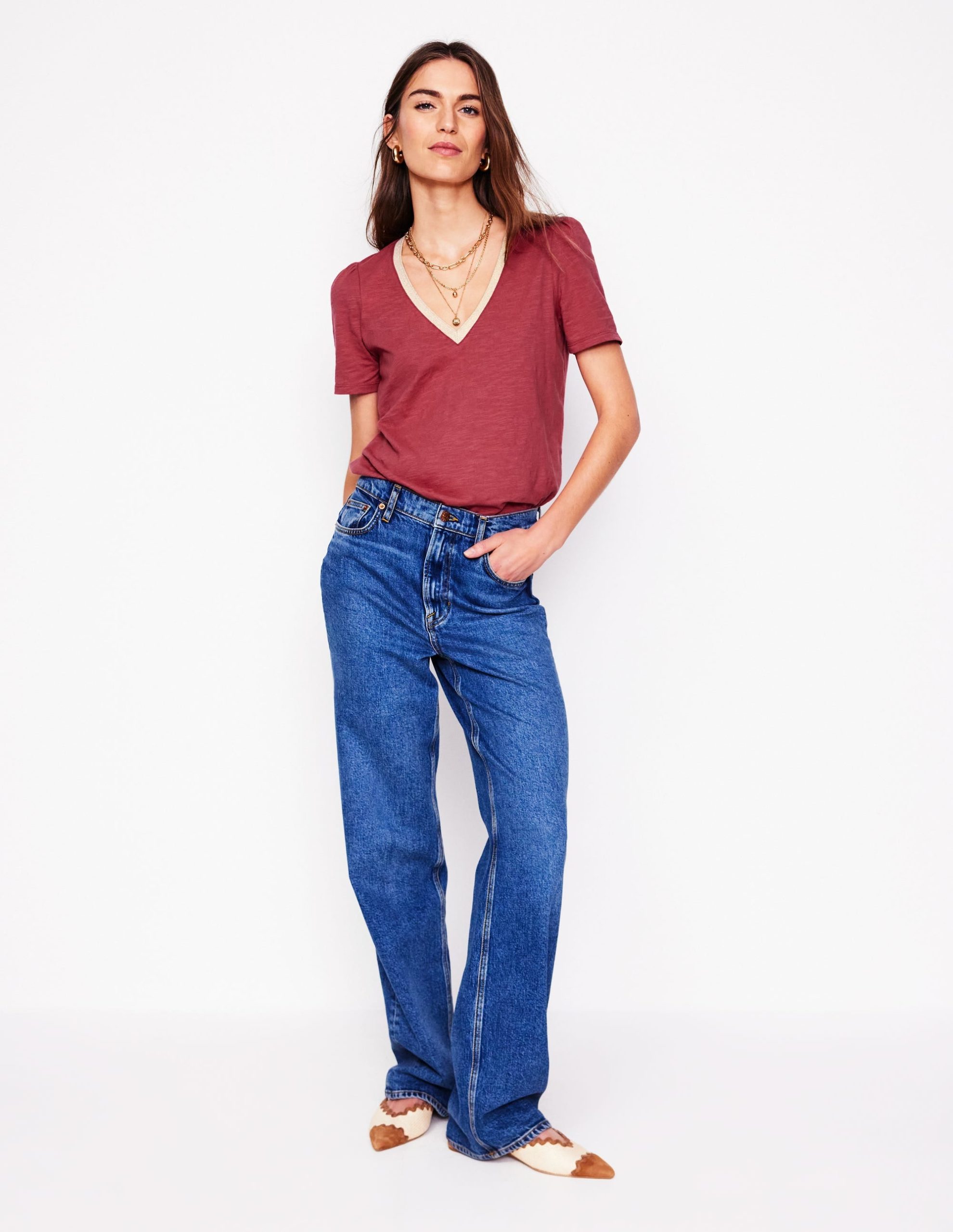 Metallic Trim V Neck T-shirt-Terracotta Red - Image 5