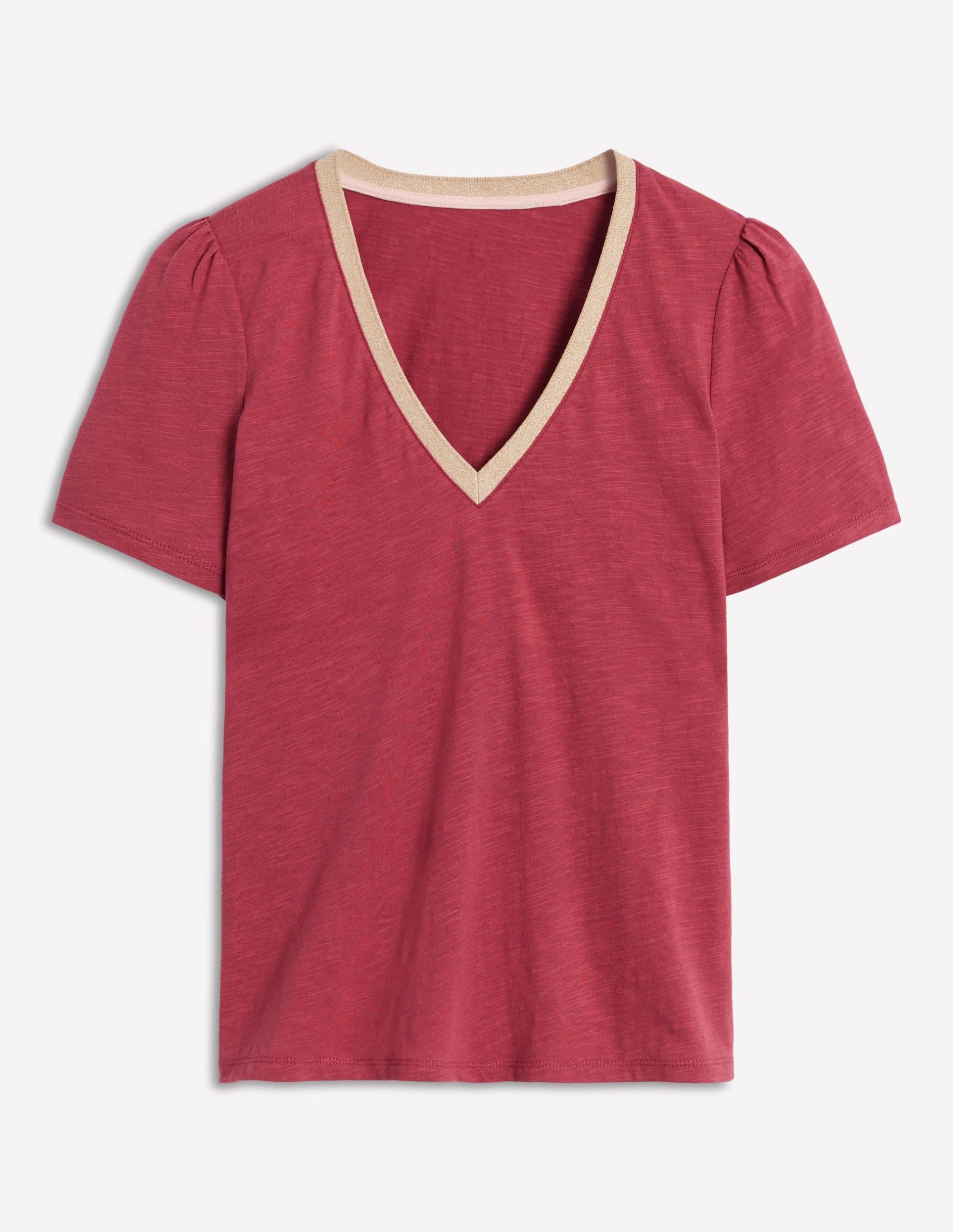Metallic Trim V Neck T-shirt-Terracotta Red - Image 6