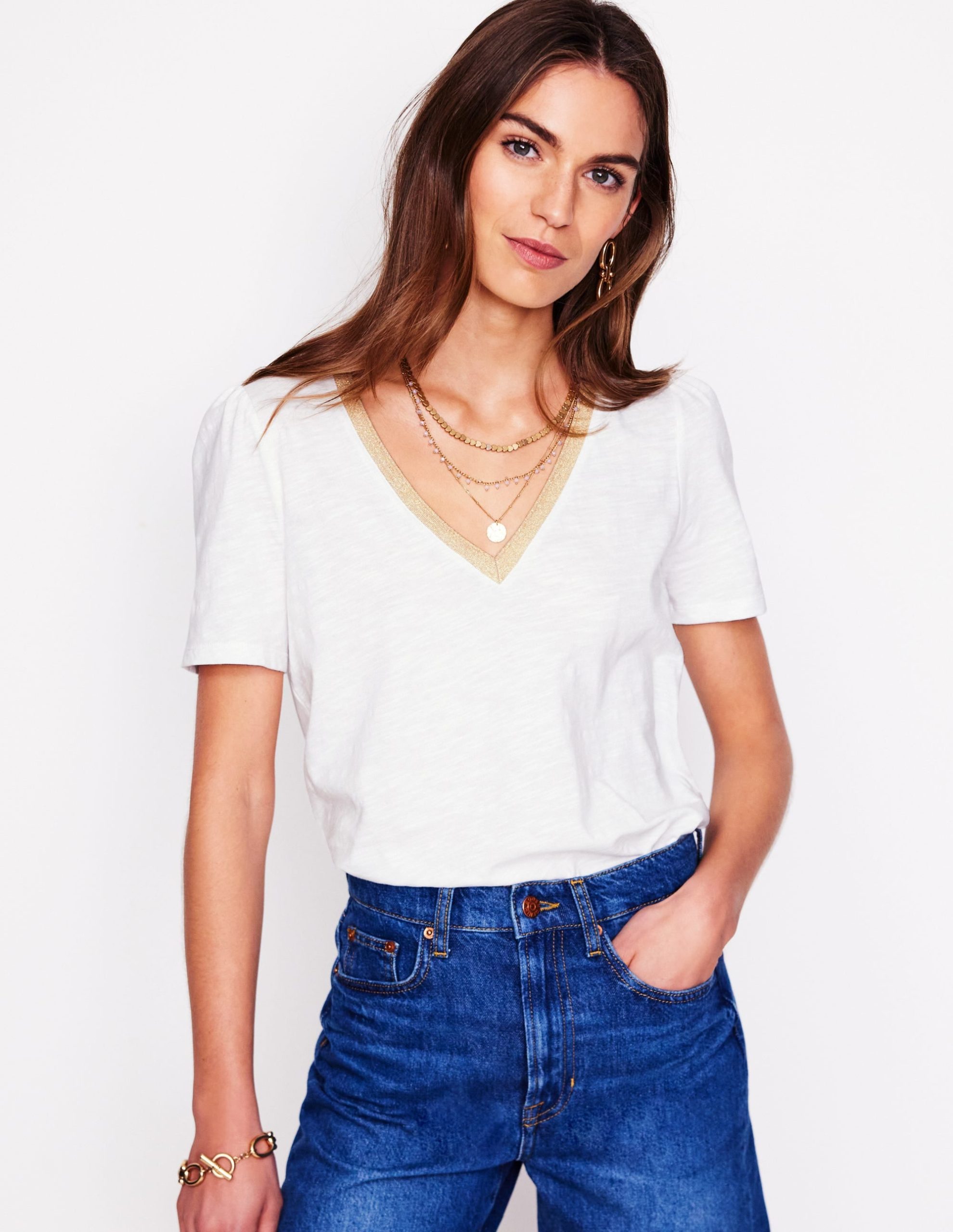 Metallic Trim V Neck T-shirt-White