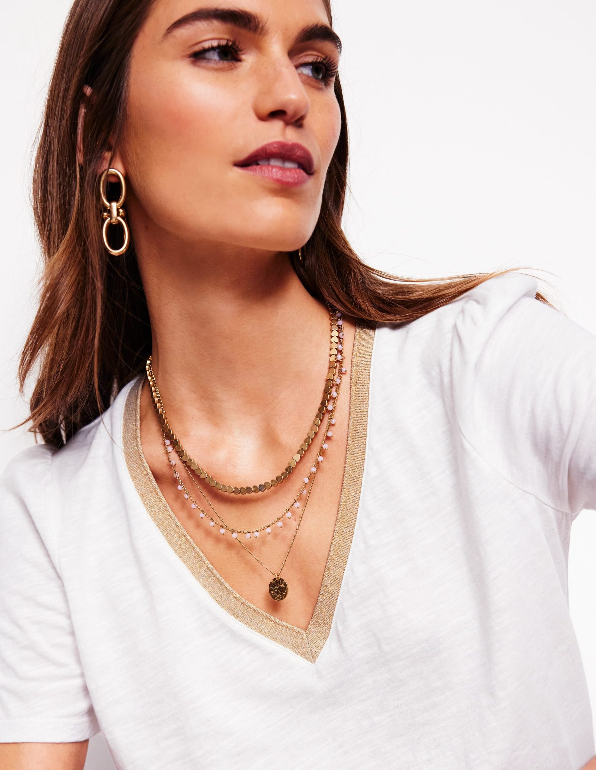 Metallic Trim V Neck T-shirt-White - Image 2