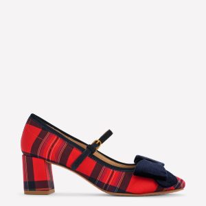 Embellished Bow Block Heels-Red Tartan