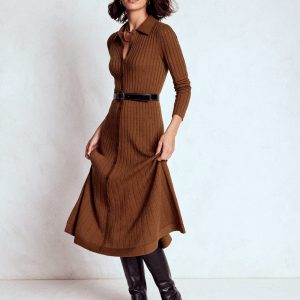 Rachel Knitted Shirt Dress-Raw Umber