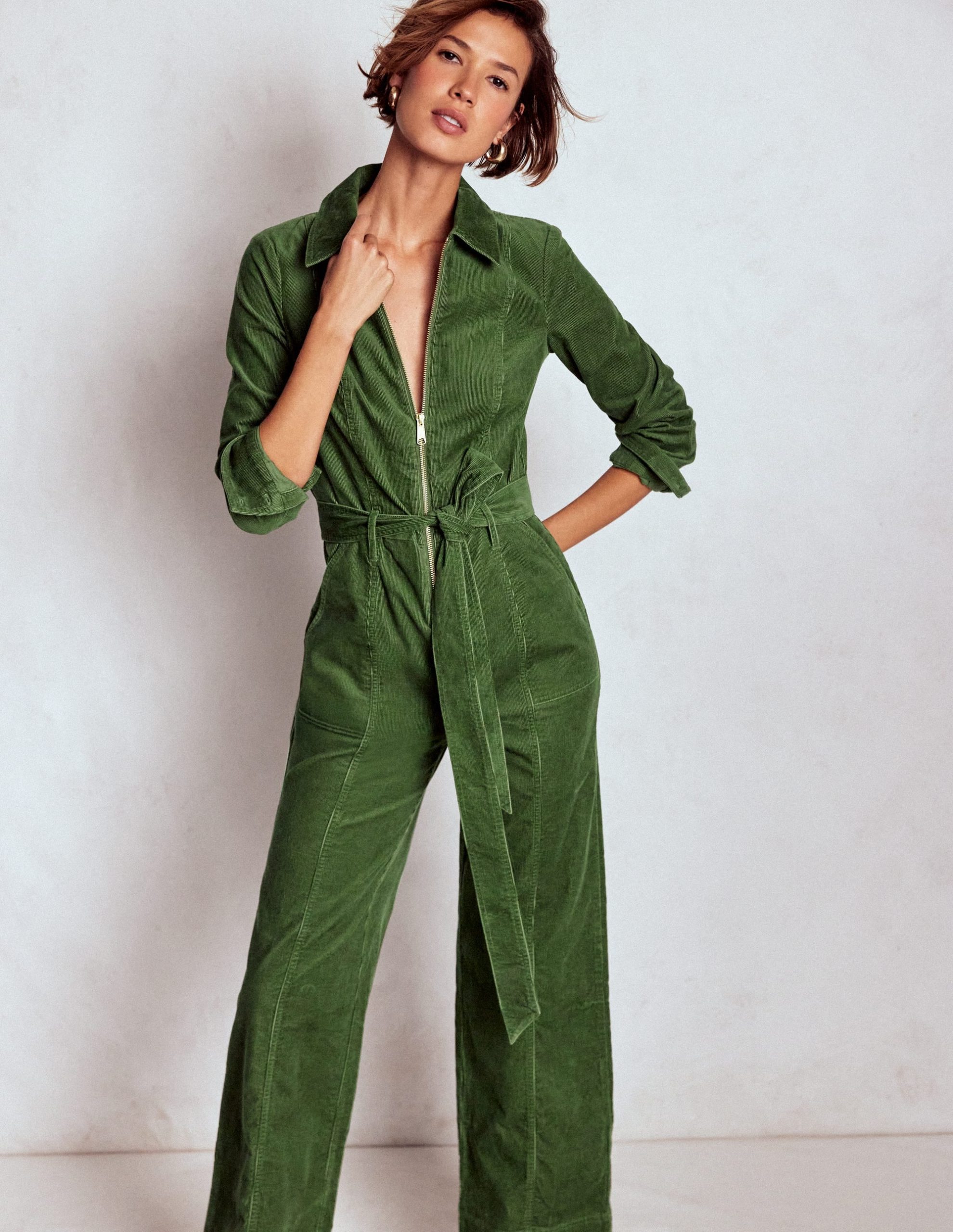 Zip Up Cord LS Jumpsuit-Fern