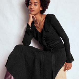 Ruffled Ribbed Dress-Black