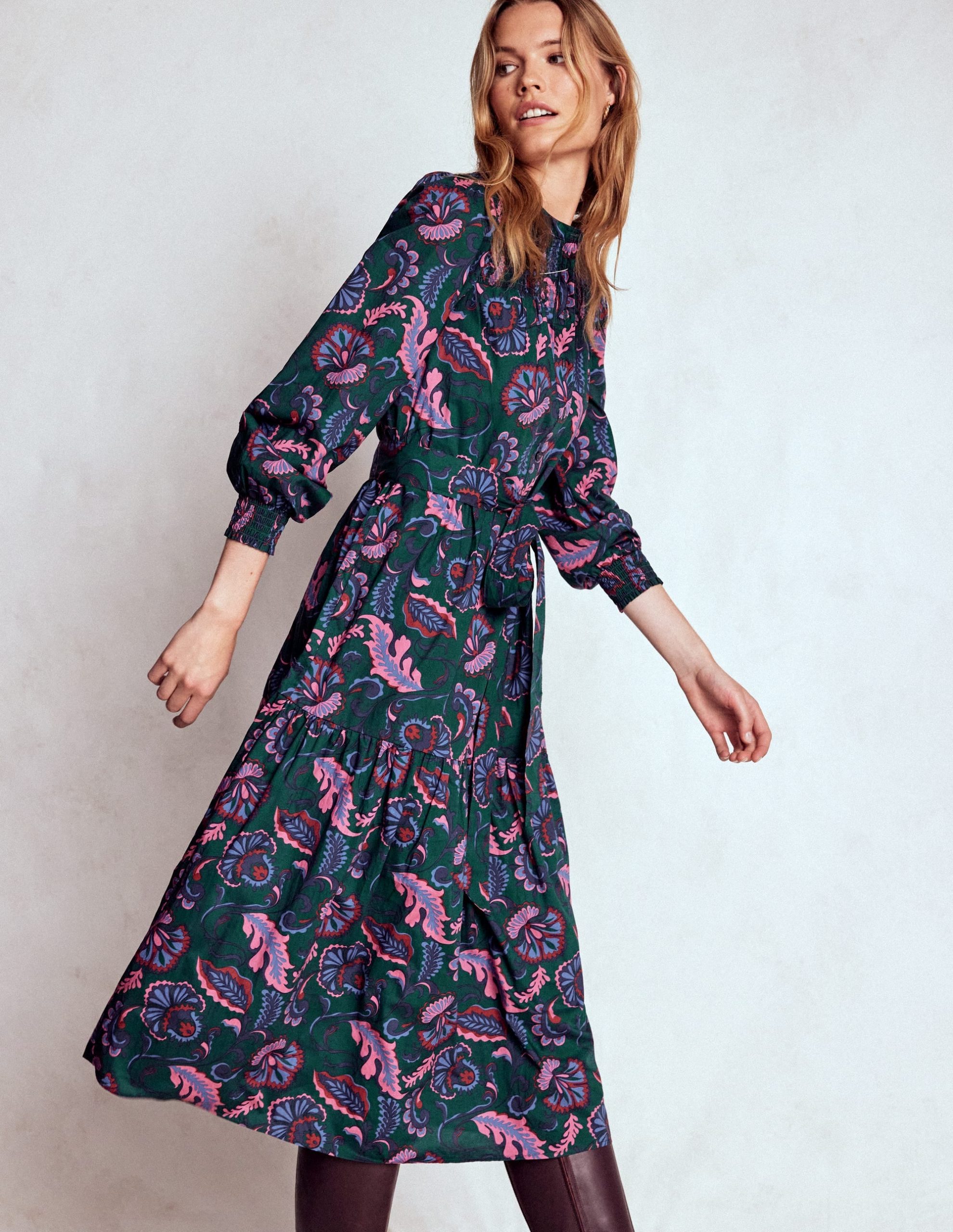 Cecily Cotton Midi Dress-Emerald Night. Ornate Meadow - Image 4