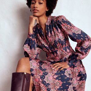 Cassie Smocked Tea Dress-Navy. Embellished Paisley