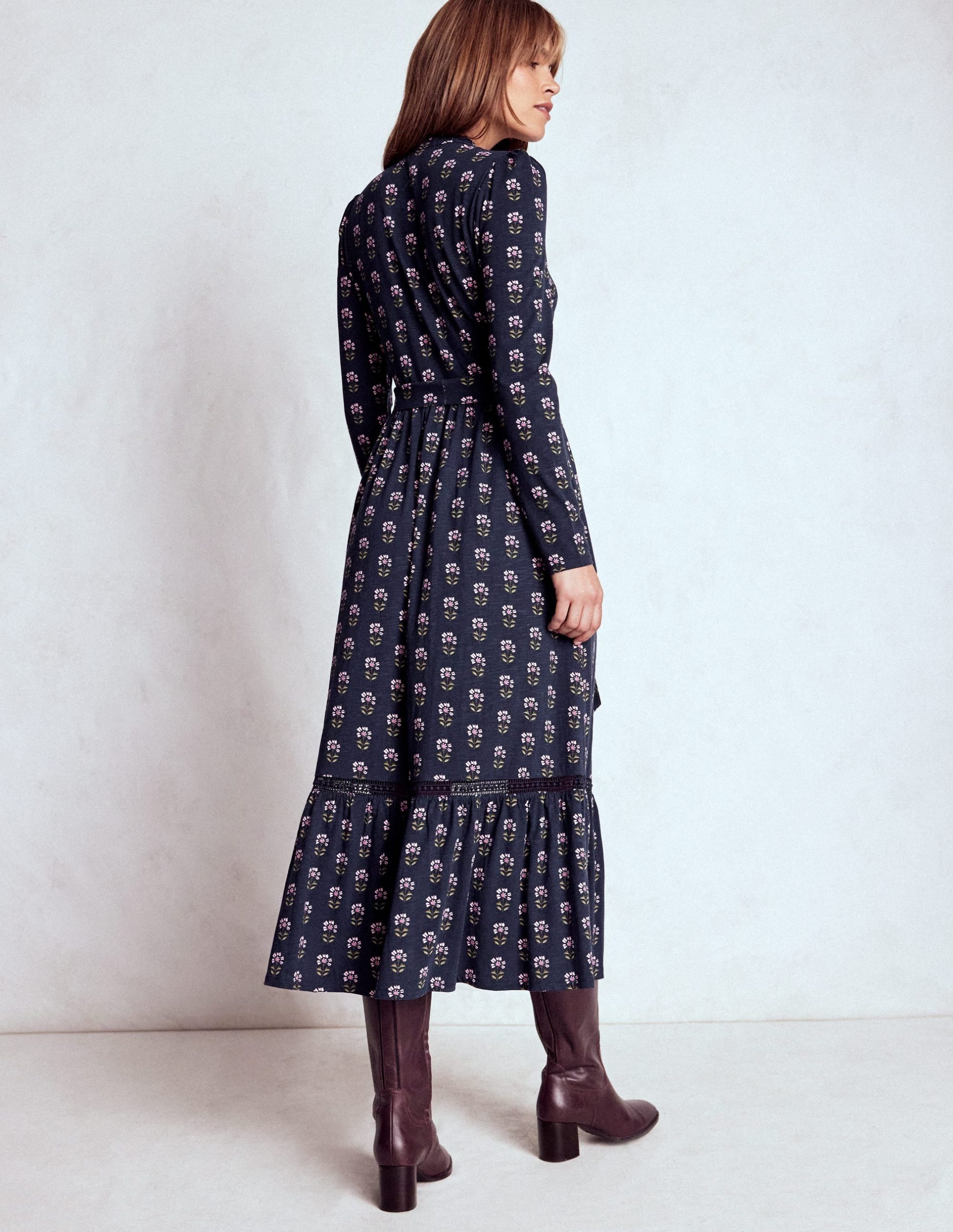 Edwina Jersey Shirt Dress-French Navy. Woodblock Flower - Image 3