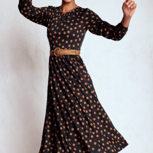 Alexandra Jersey Midi Dress-Black. Tortoise Shell Dot