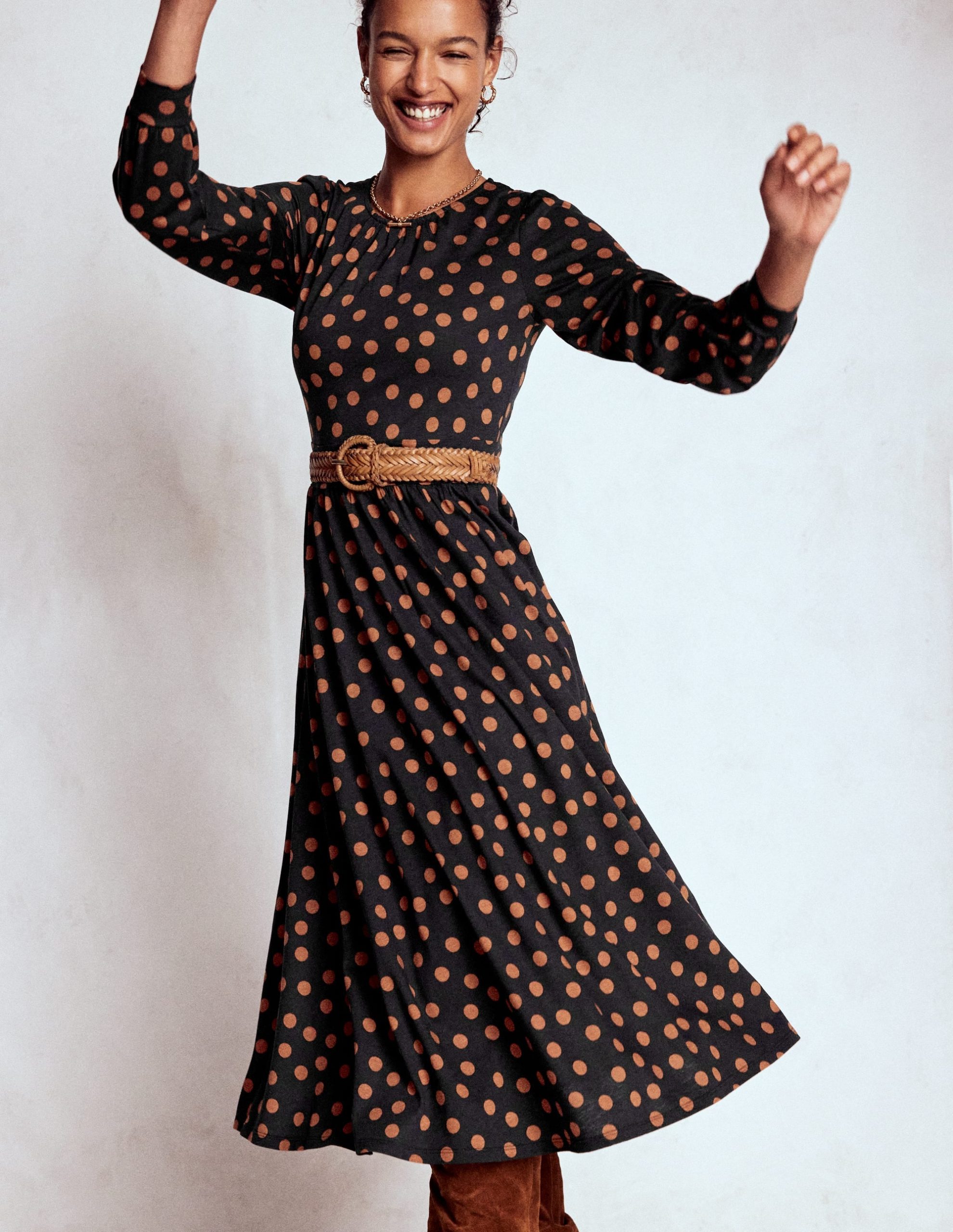 Alexandra Jersey Midi Dress-Black. Tortoise Shell Dot