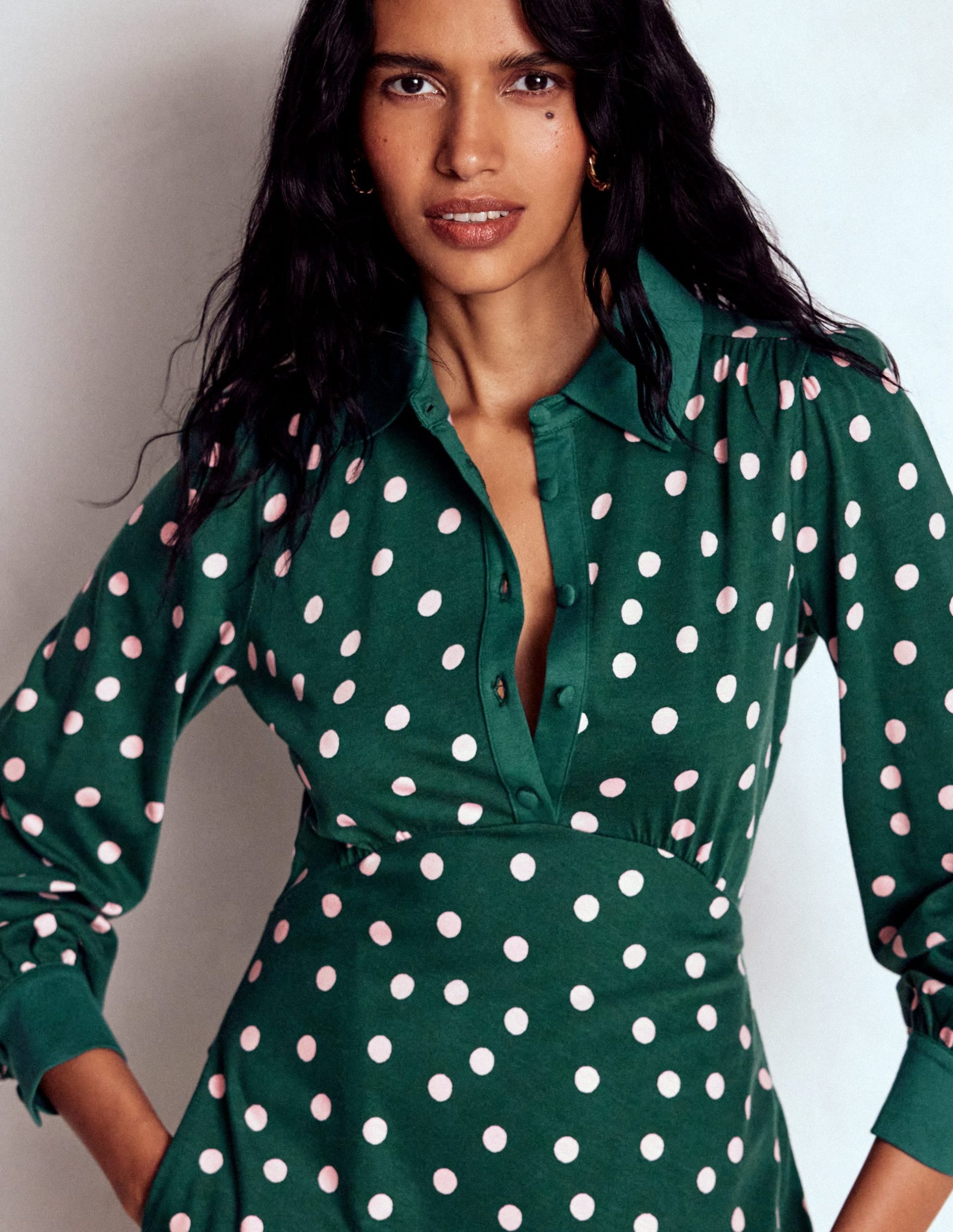 Empire Waistline Shirt Dress-Emerald Night. Painted Dot - Image 2