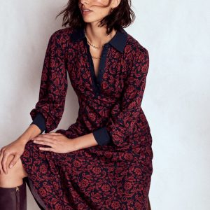 Empire Waistline Shirt Dress-Red. Ornate Flora