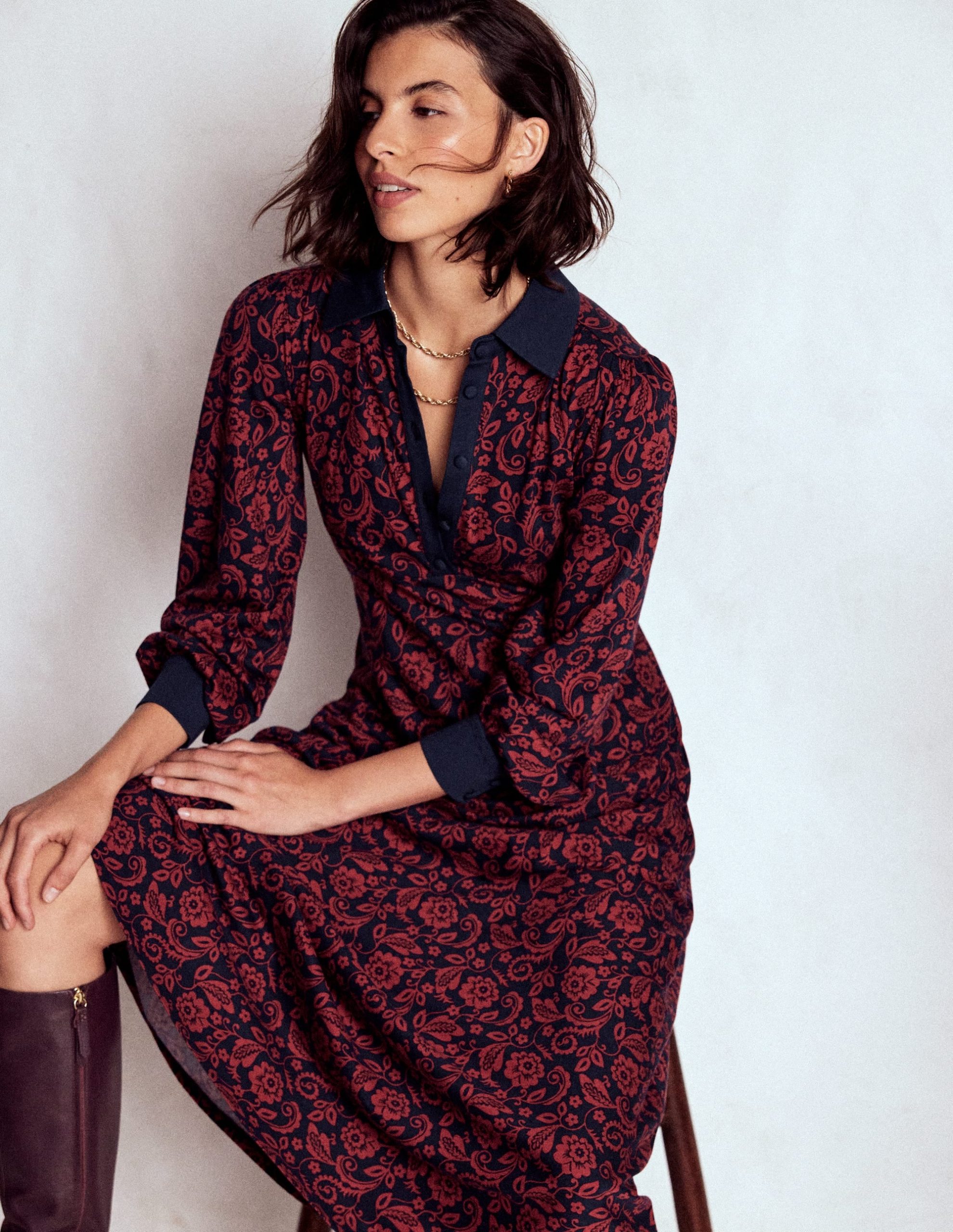 Empire Waistline Shirt Dress-Red. Ornate Flora