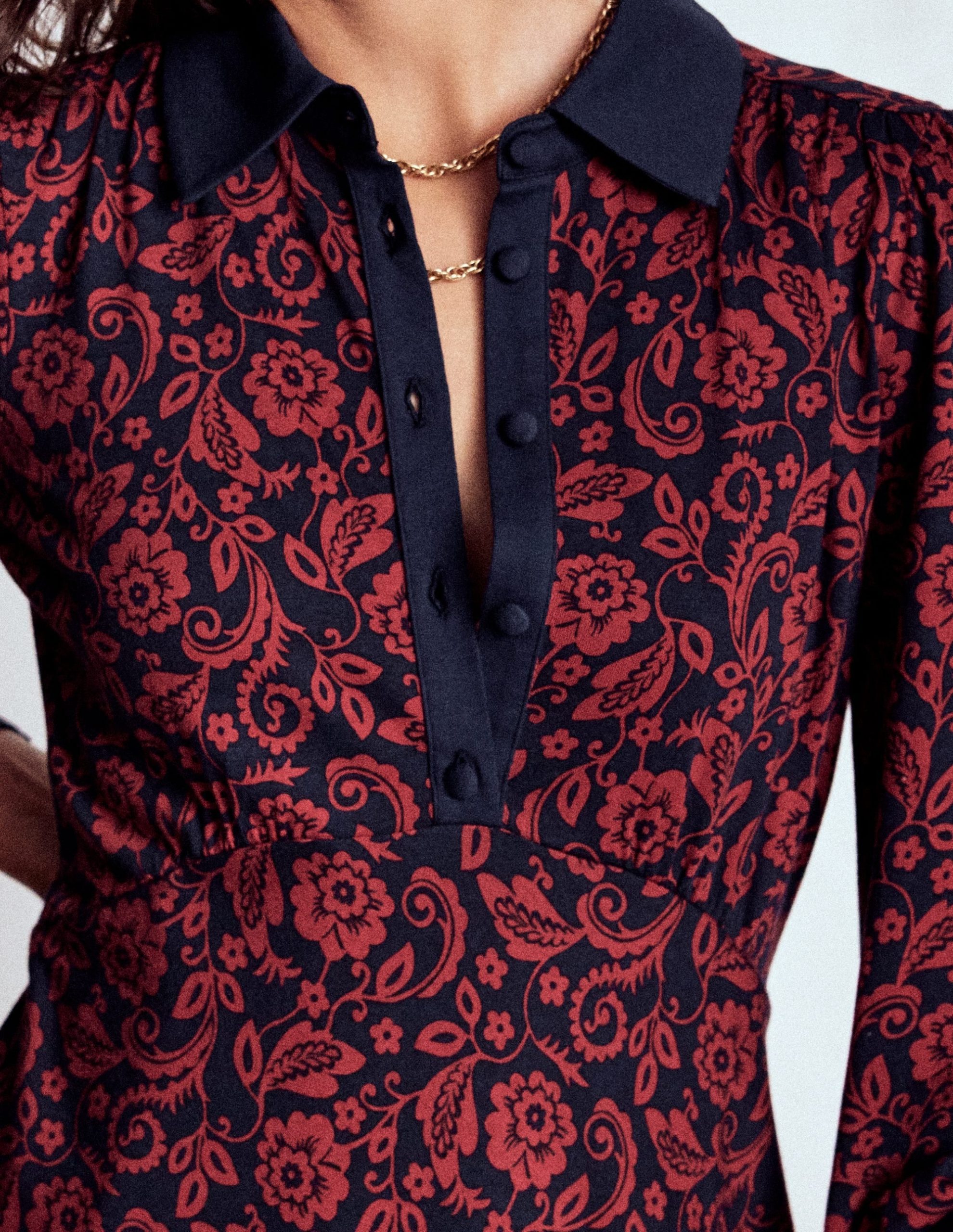 Empire Waistline Shirt Dress-Red. Ornate Flora - Image 2