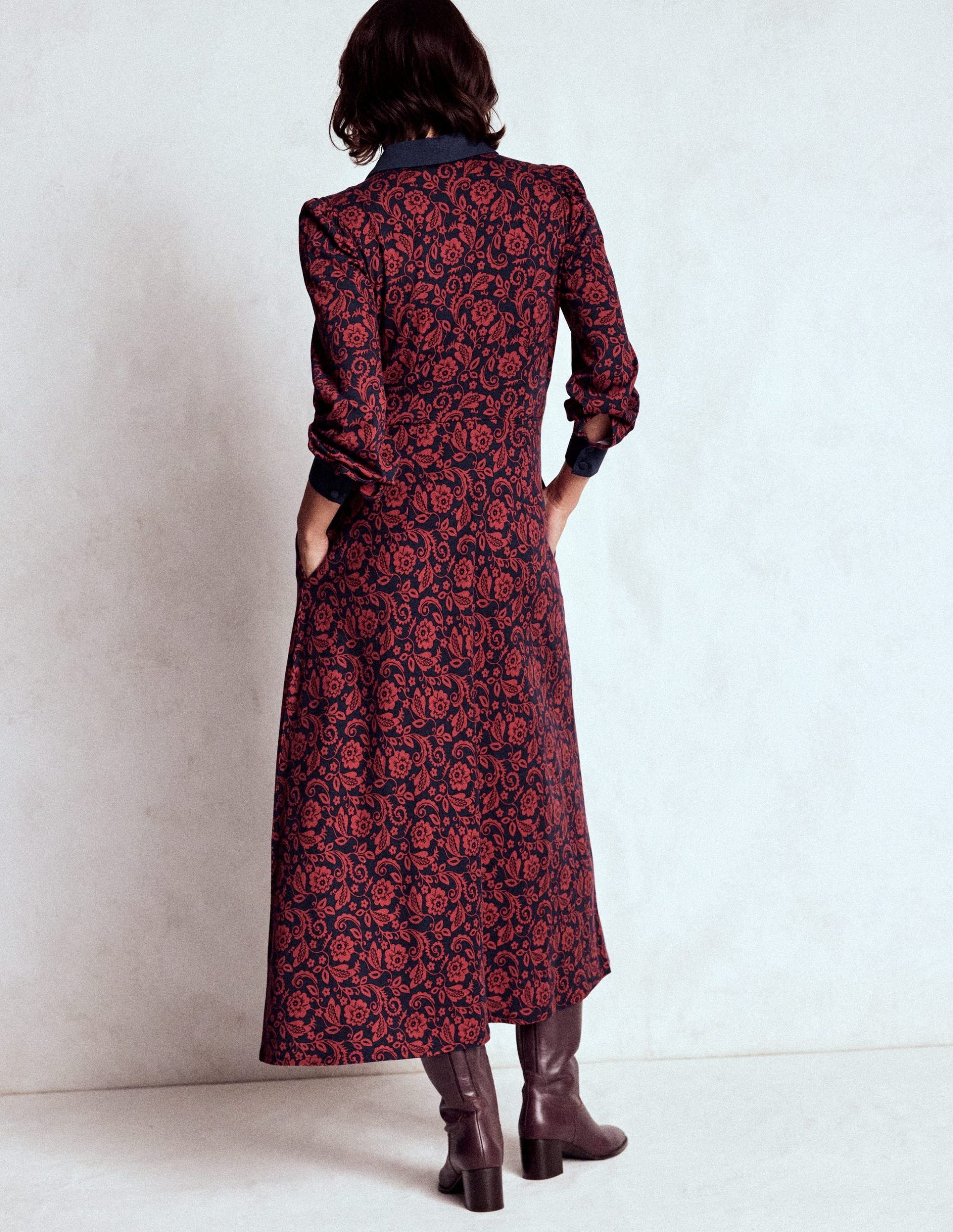 Empire Waistline Shirt Dress-Red. Ornate Flora - Image 3