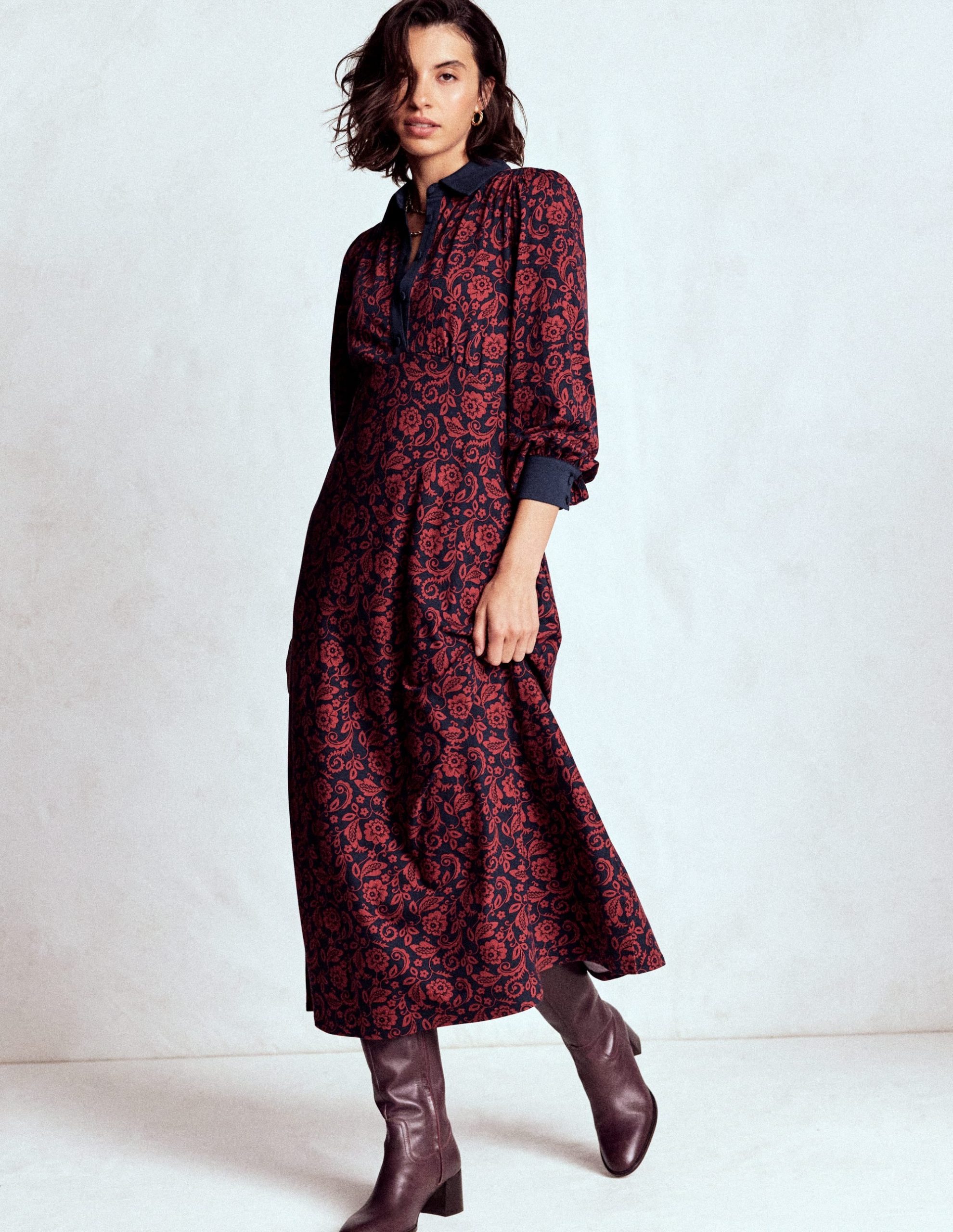 Empire Waistline Shirt Dress-Red. Ornate Flora - Image 4