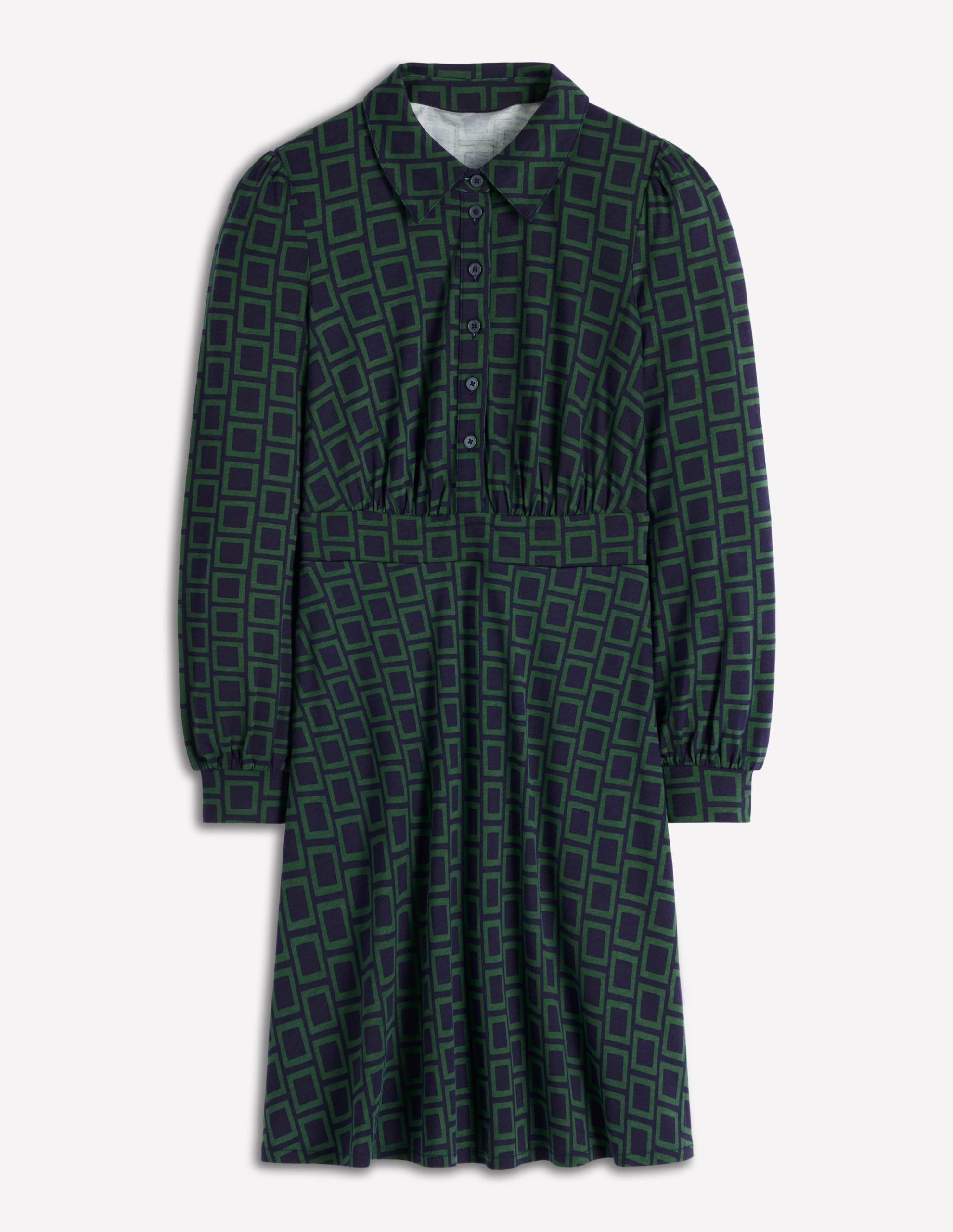 Orla Short Jersey Shirt Dress-Dark Green. Square Geometric - Image 6