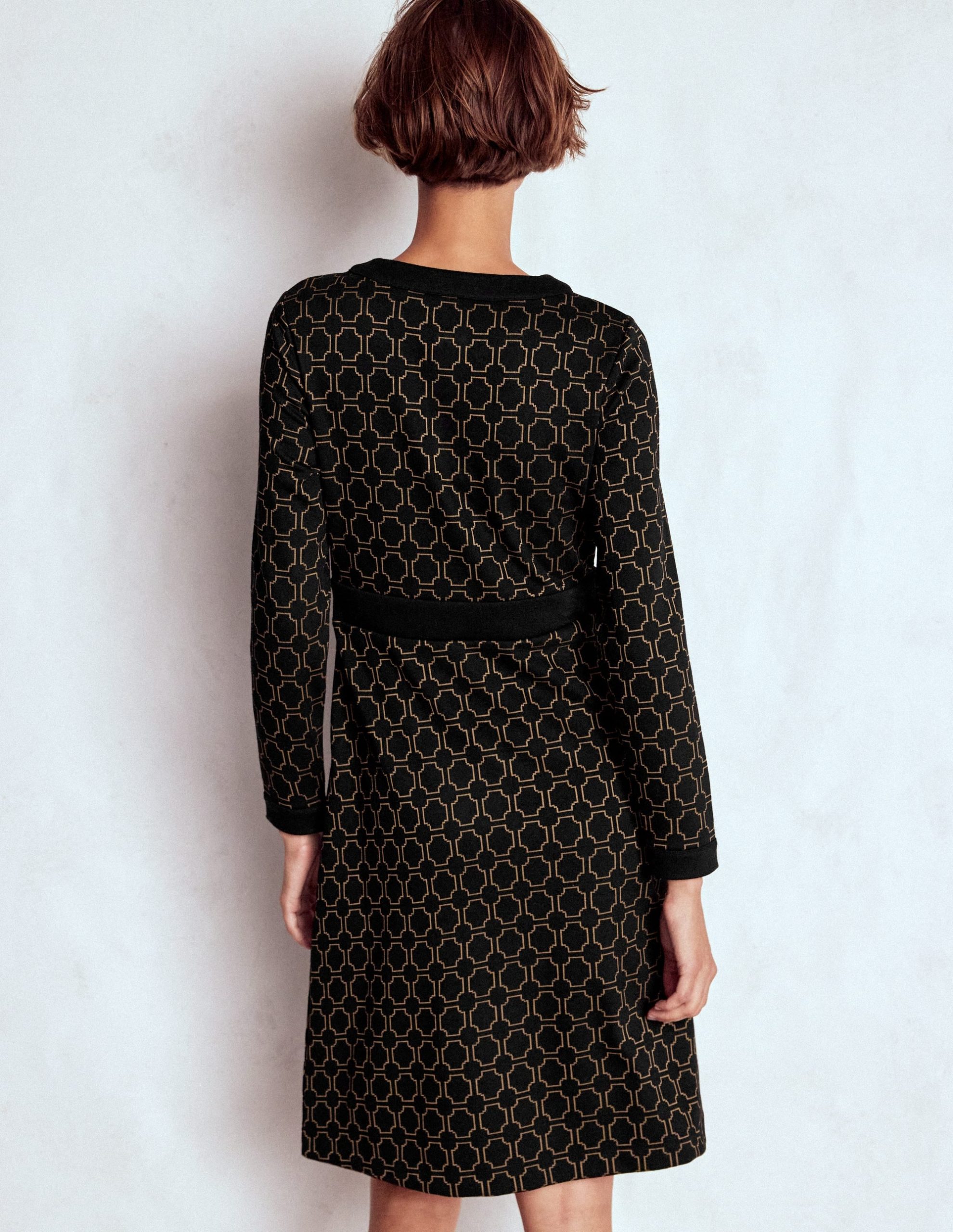 Lavinia Button Shift Dress-Black/Camel Jacquard - Image 3
