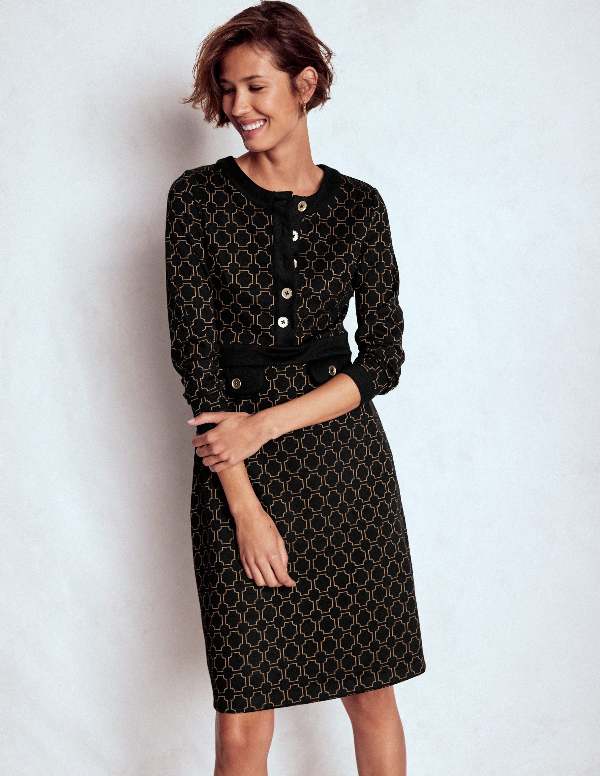 Lavinia Button Shift Dress-Black/Camel Jacquard - Image 4
