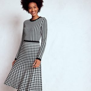 Maria Button Knitted Dress-Black and Ivory Dogstooth