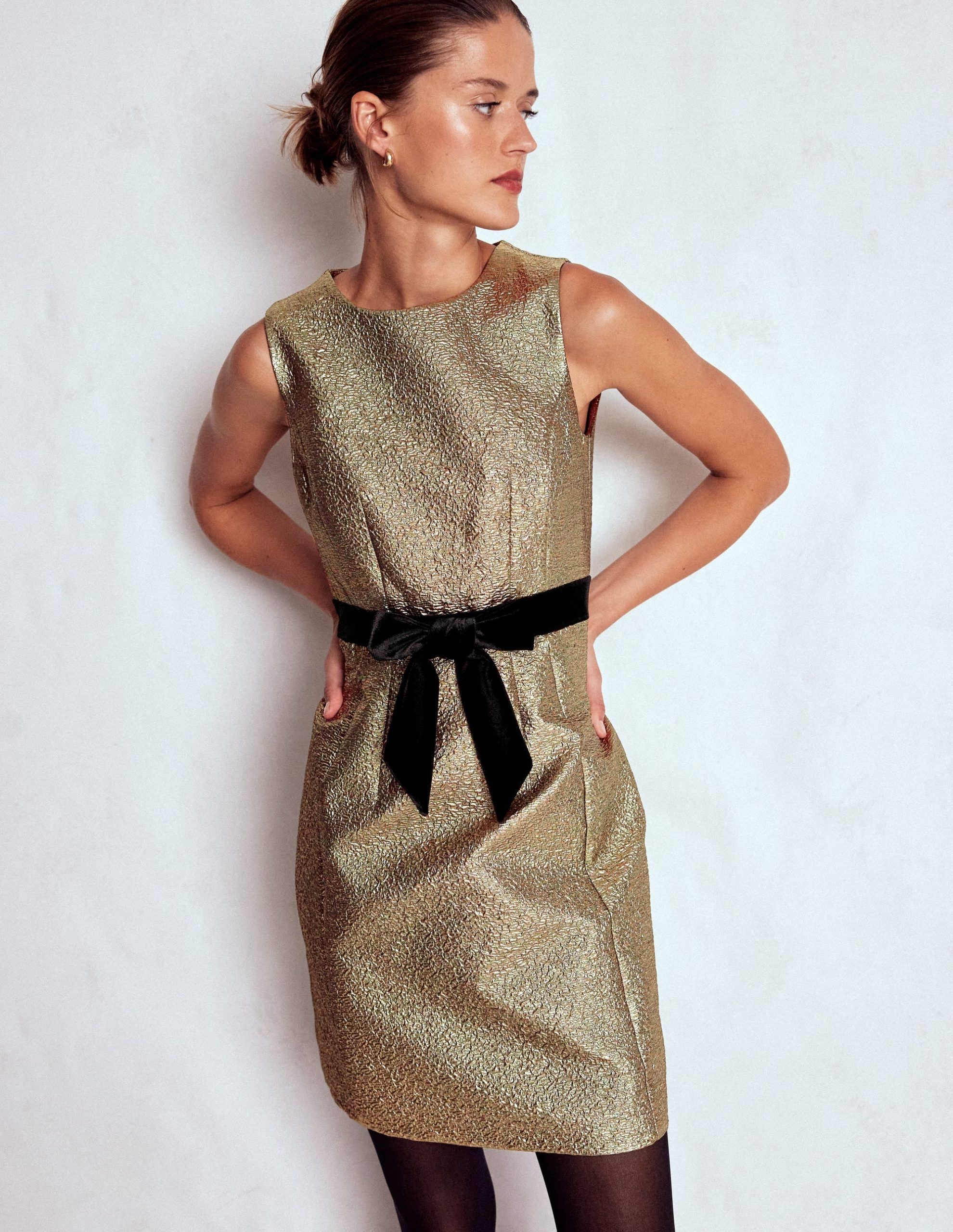 Gold Metallic Shift Dress-Gold Metallic - Image 6