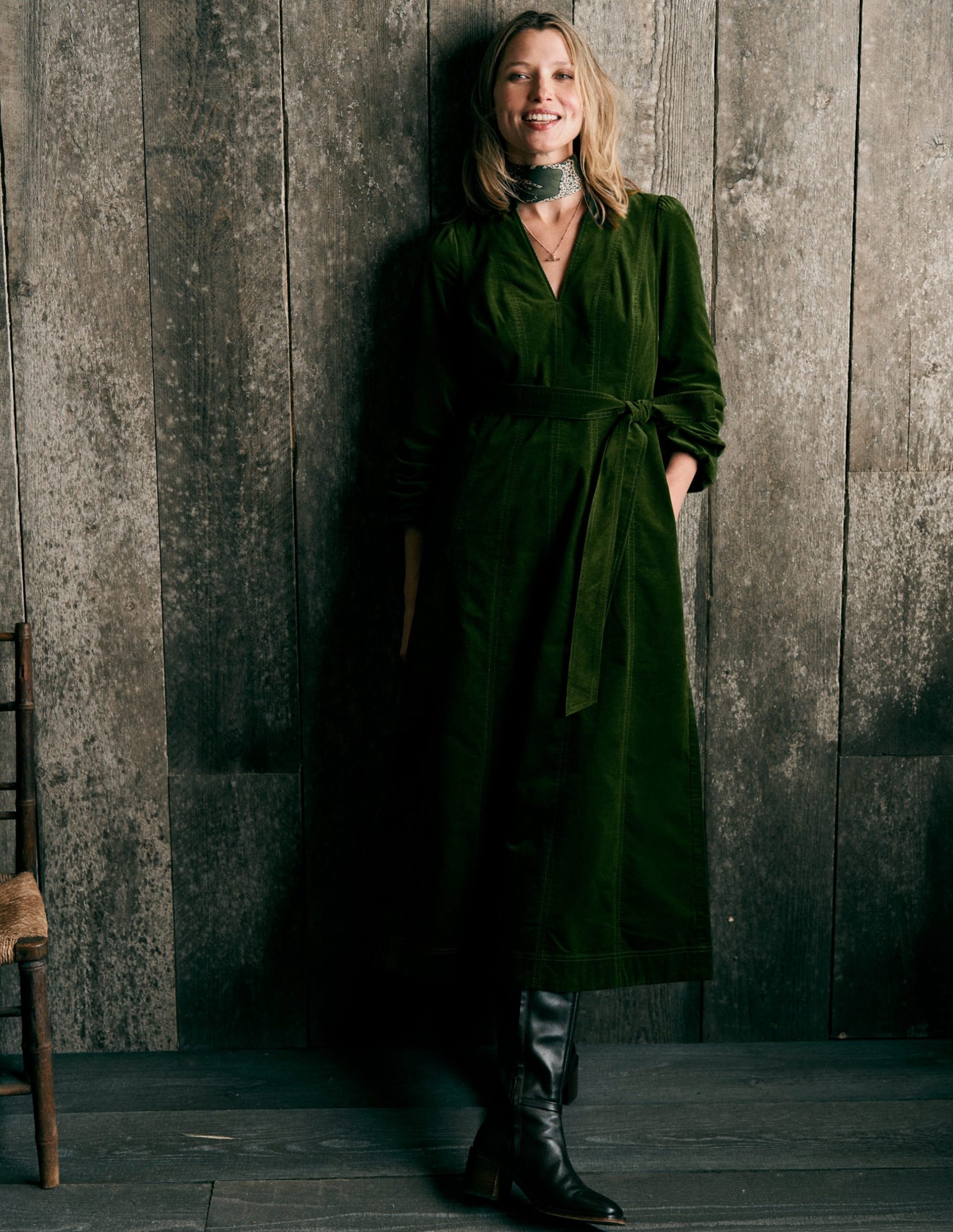 Ros Panelled Cord Midi Dress-Green Fir