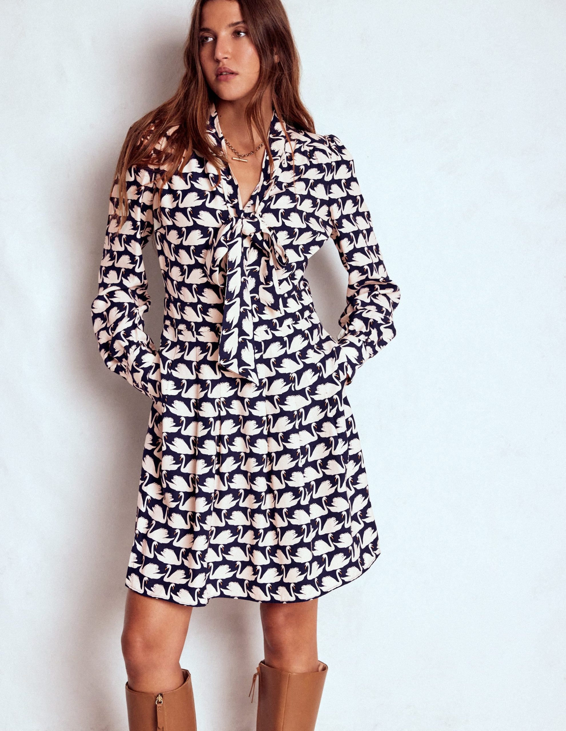 Tie Neck Short Dress-French Navy. Geo Swan - Image 6