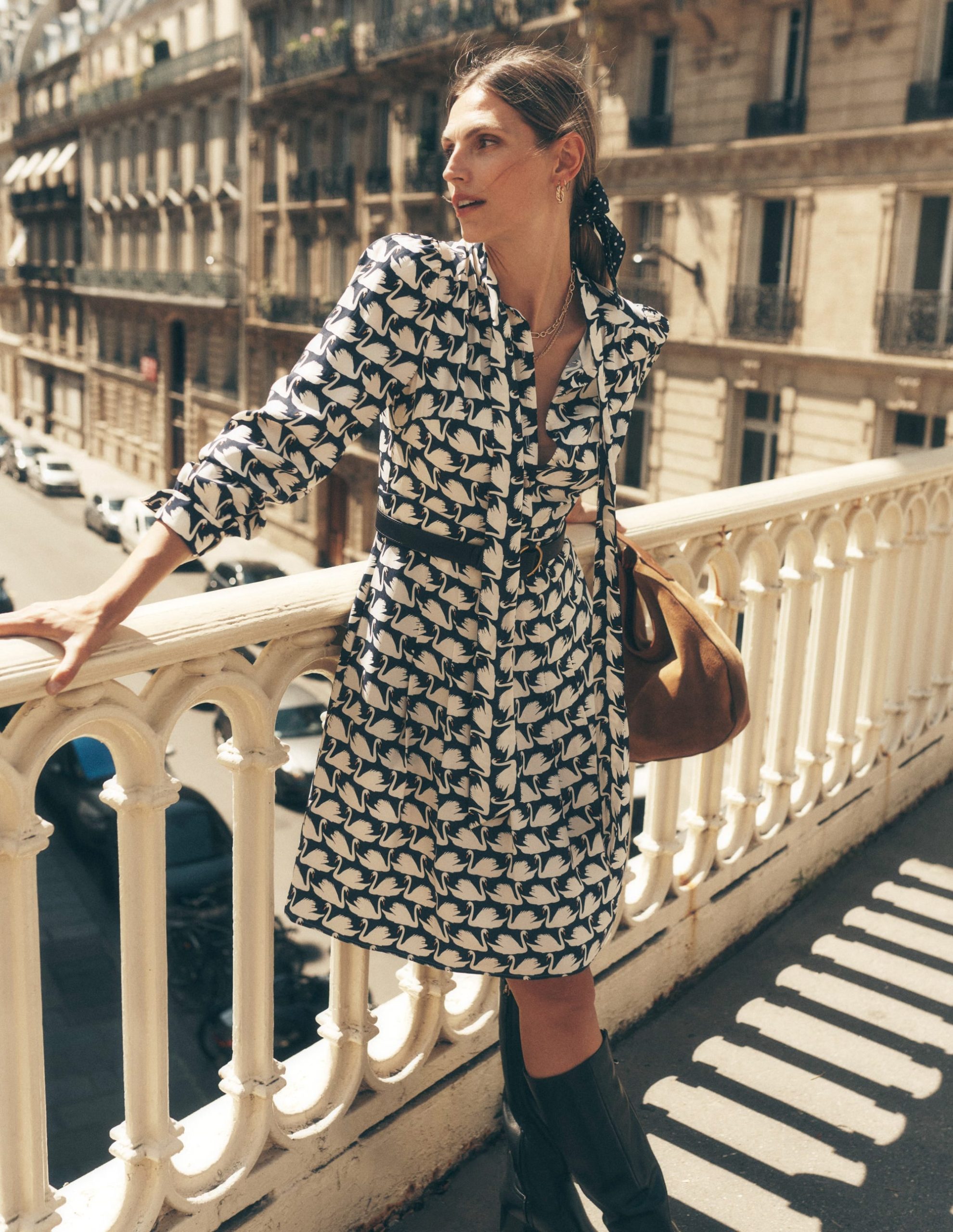 Tie Neck Short Dress-French Navy. Geo Swan