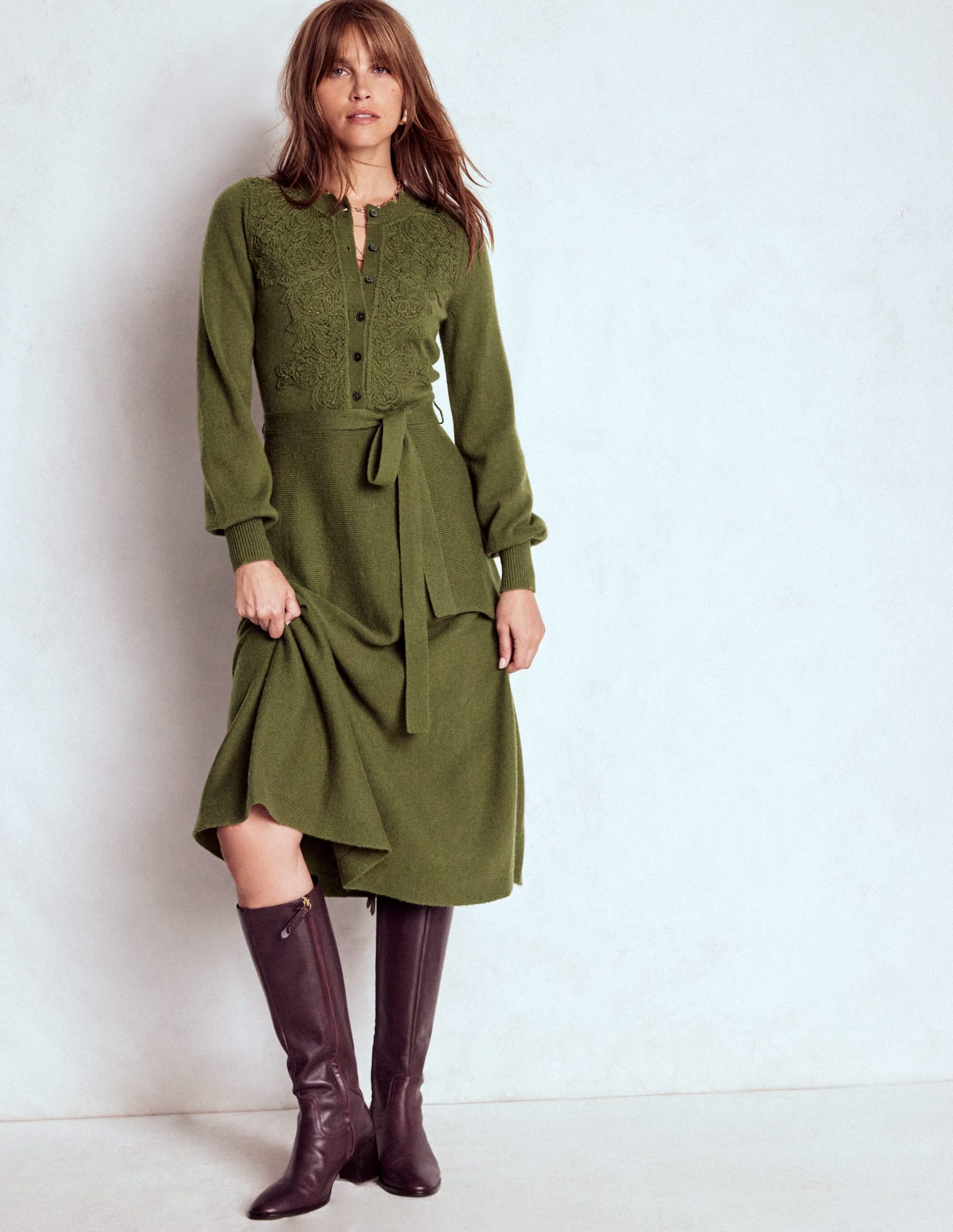 Lace Insert Knitted Midi Dress-Forest Glade - Image 2