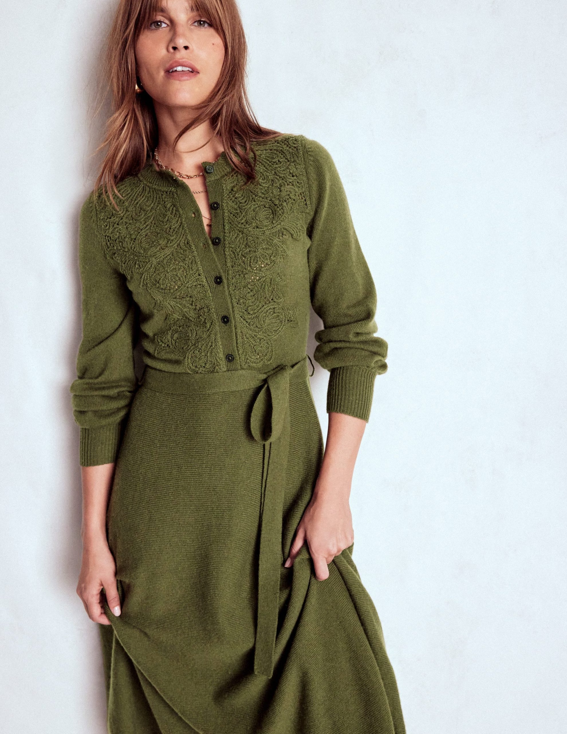 Lace Insert Knitted Midi Dress-Forest Glade - Image 5