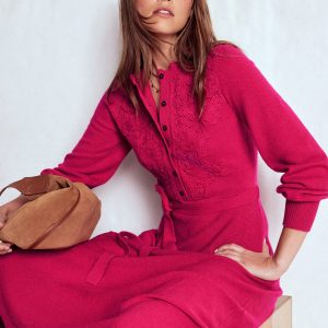 Lace Insert Knitted Midi Dress-Vibrant Pink