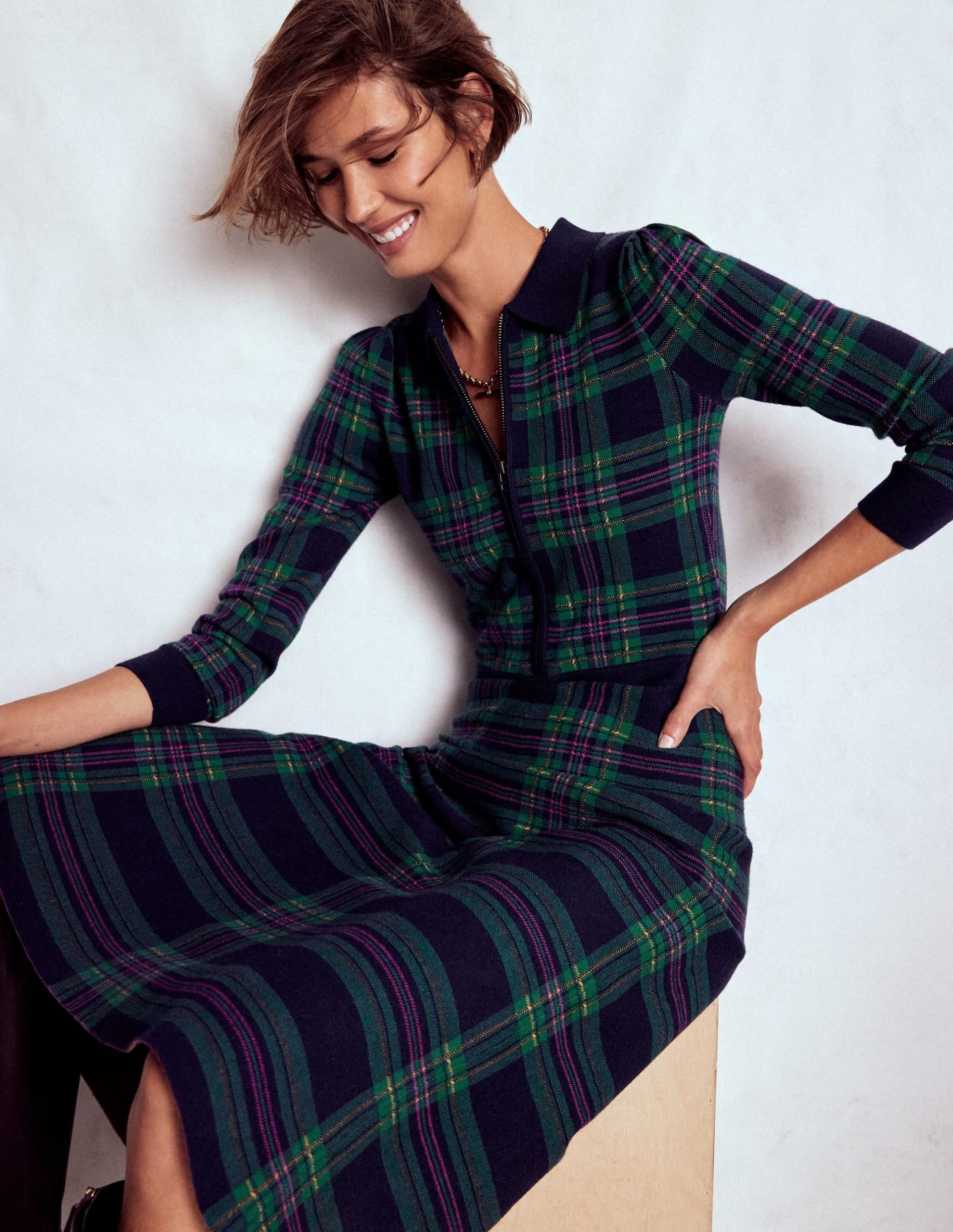 Fiona Zip Front Knitted Dress-Green Check - Image 2