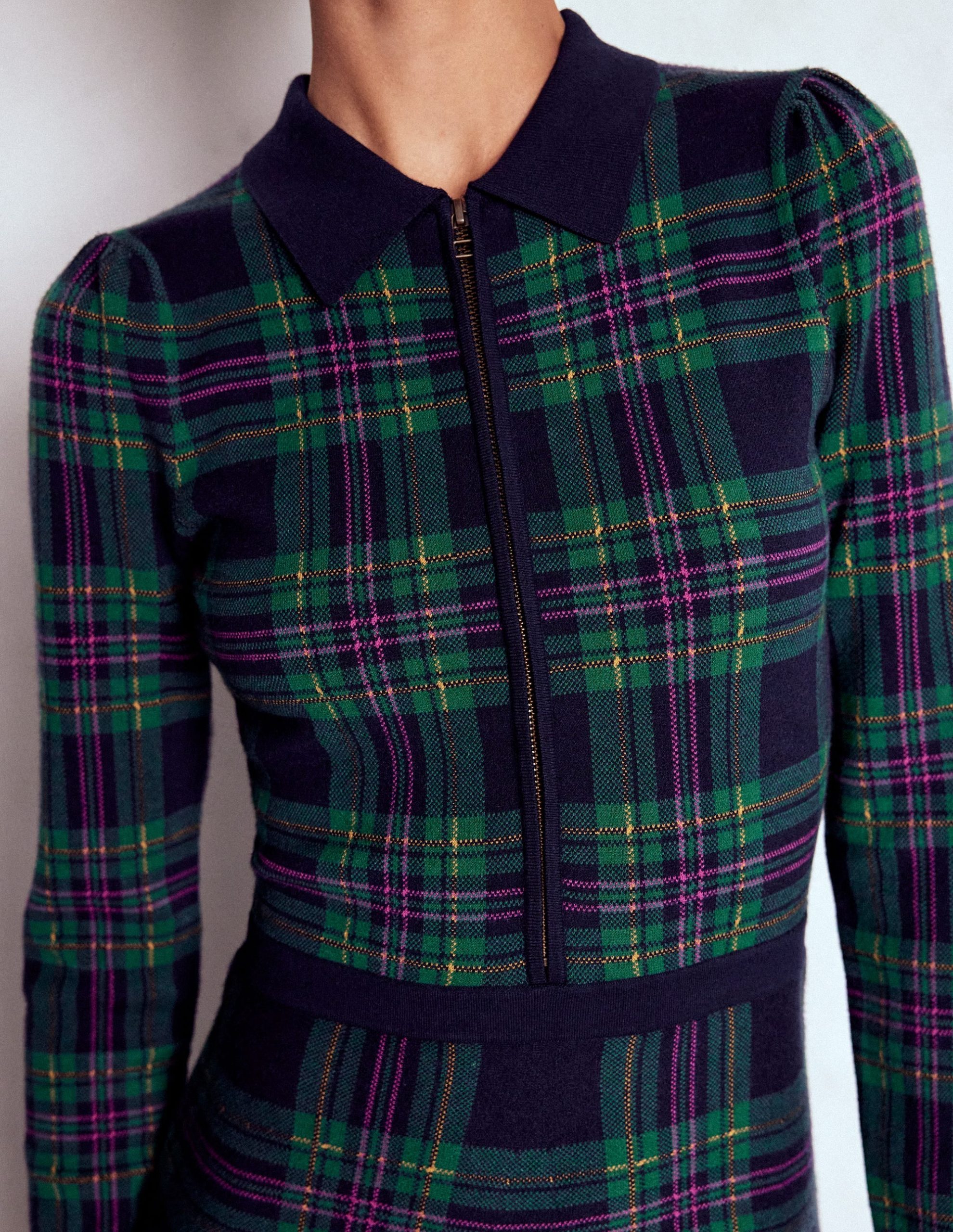 Fiona Zip Front Knitted Dress-Green Check - Image 3