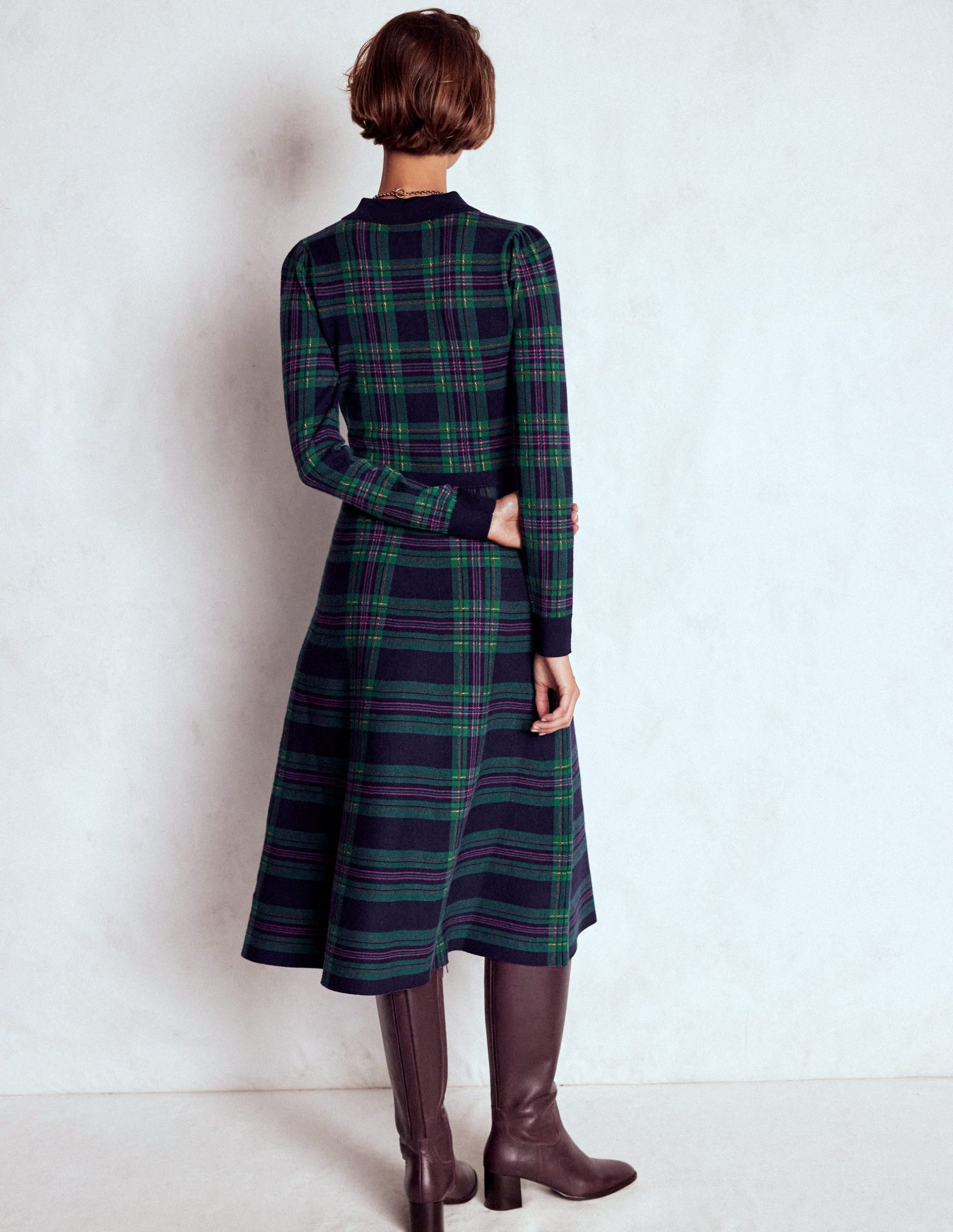 Fiona Zip Front Knitted Dress-Green Check - Image 4