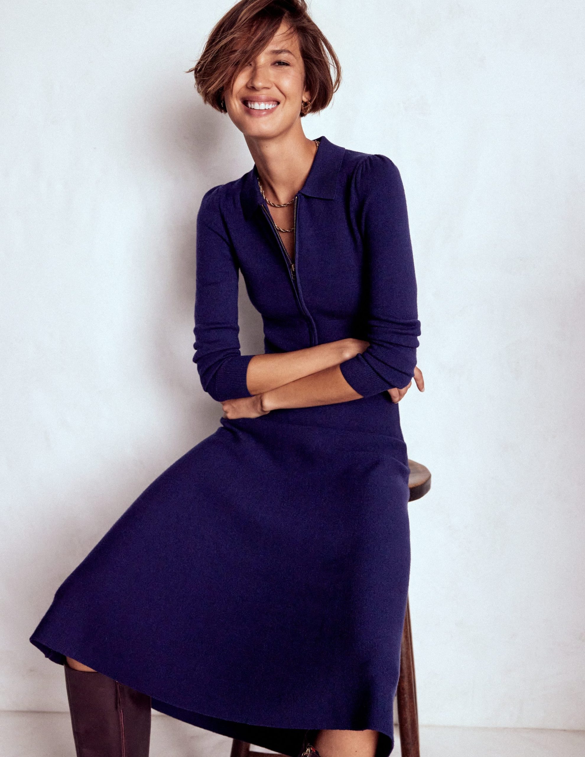 Fiona Zip Front Knitted Dress-Navy